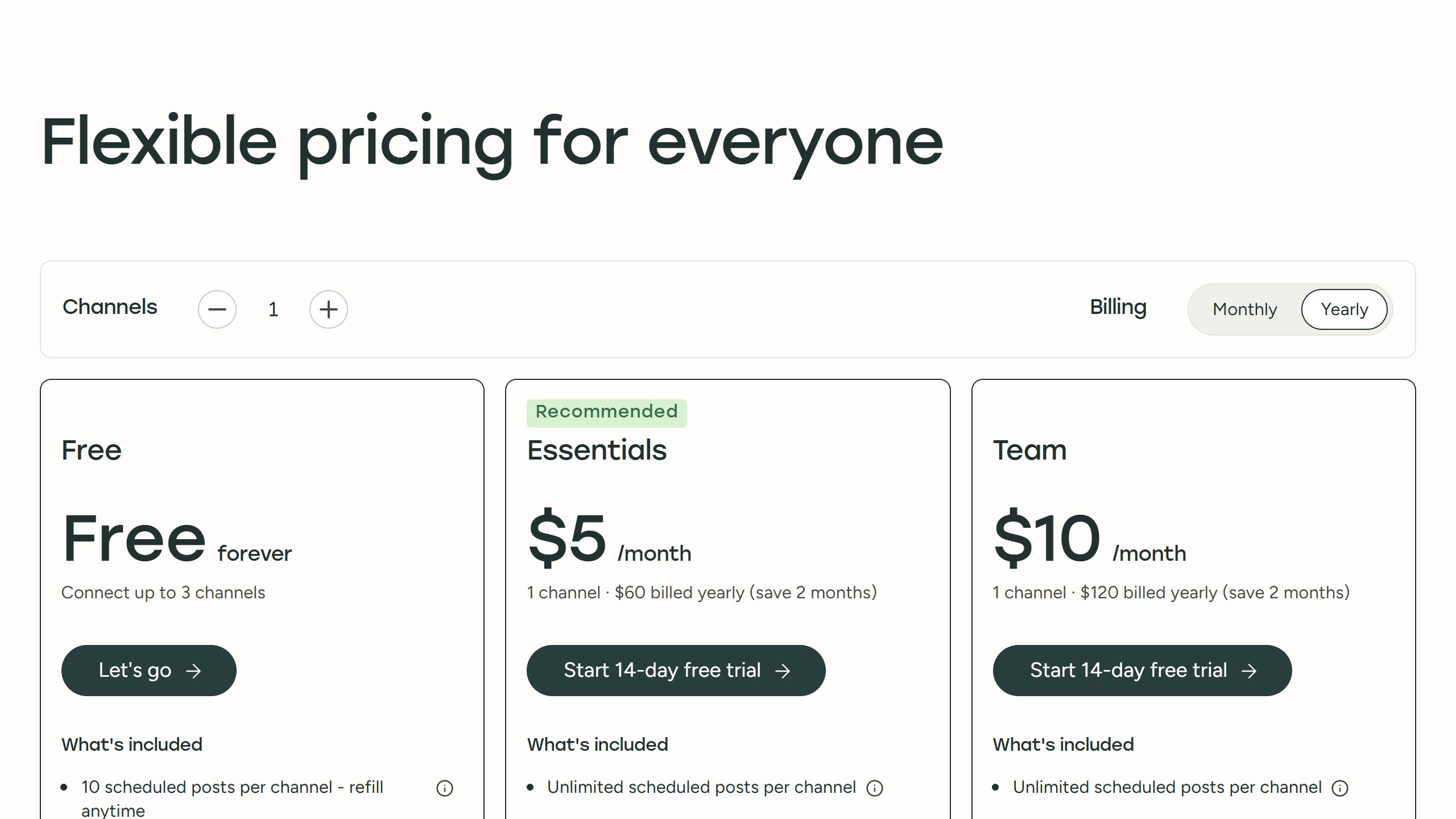 Buffer pricing page with a channel counter and yearly billing selected, showing Free, Essentials at $5 a month per channel and Team at $10 a month per channel