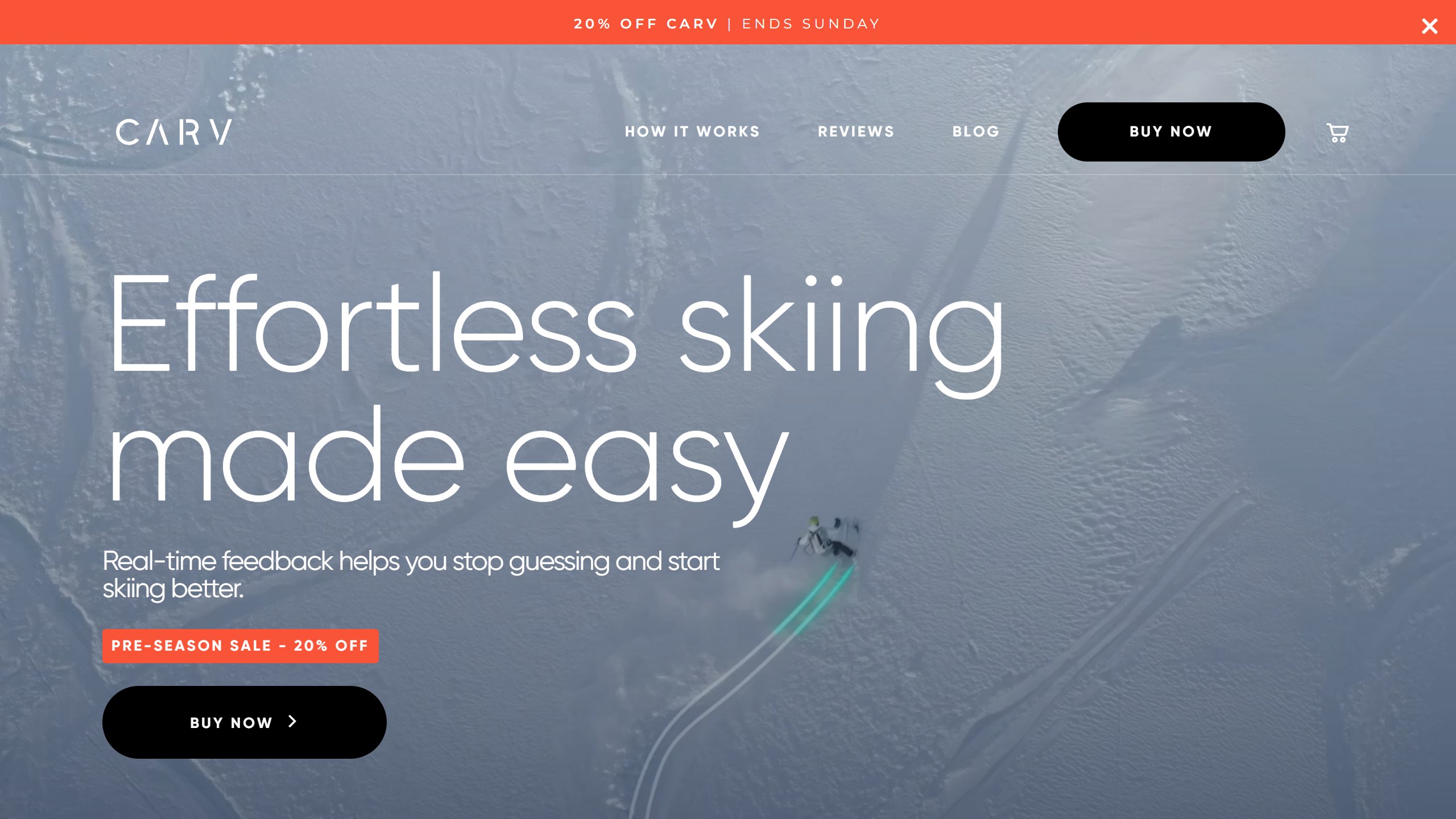 Carv homepage headline Effortless skiing made easy, saying real-time feedback helps you stop guessing and start skiing better, with a pre-season sale badge for 20% off and a banner saying the offer ends Sunday