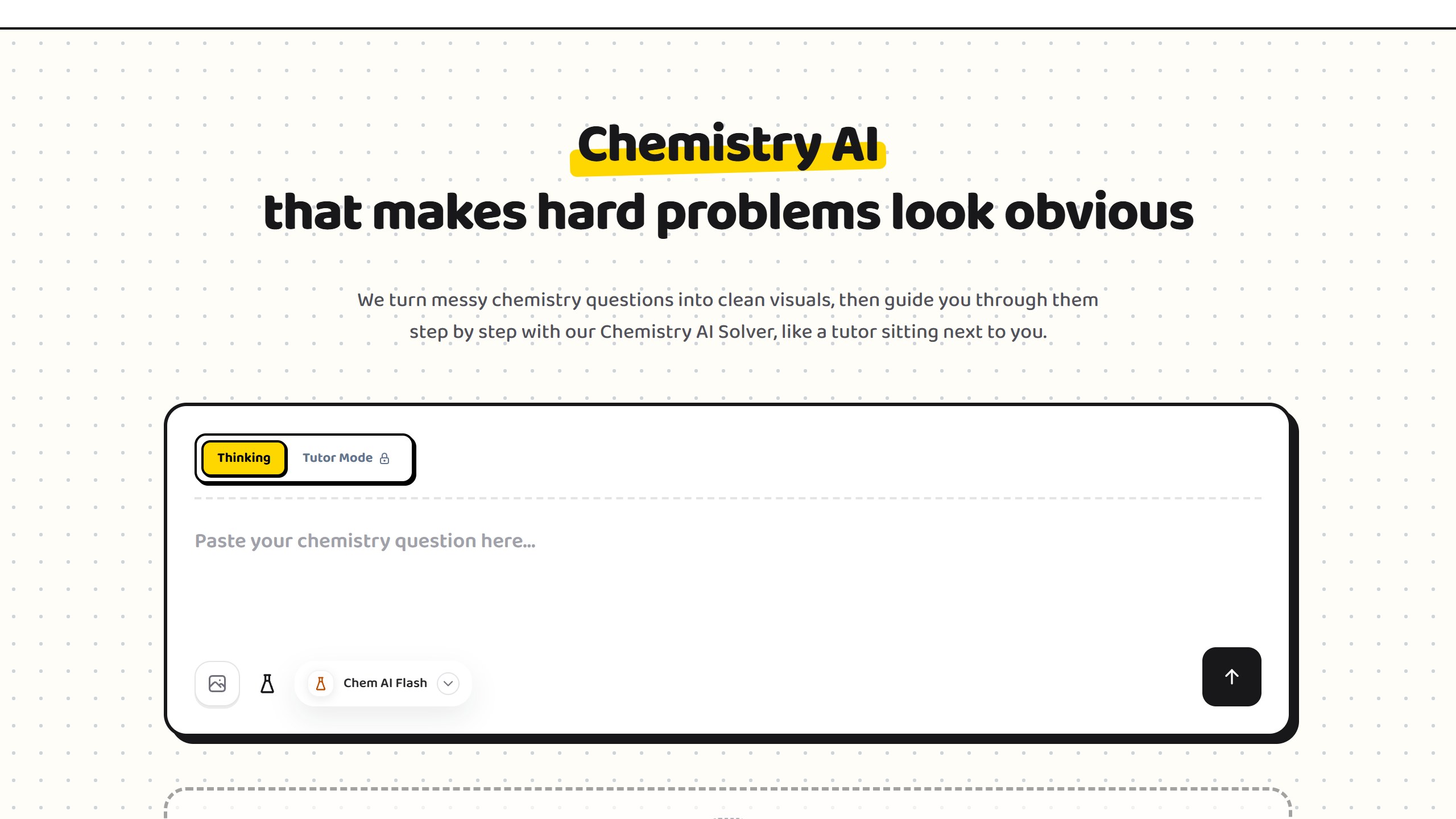 Chemistry AI homepage headline Chemistry AI that makes hard problems look obvious, with a box to paste a chemistry question and Thinking and Tutor Mode options