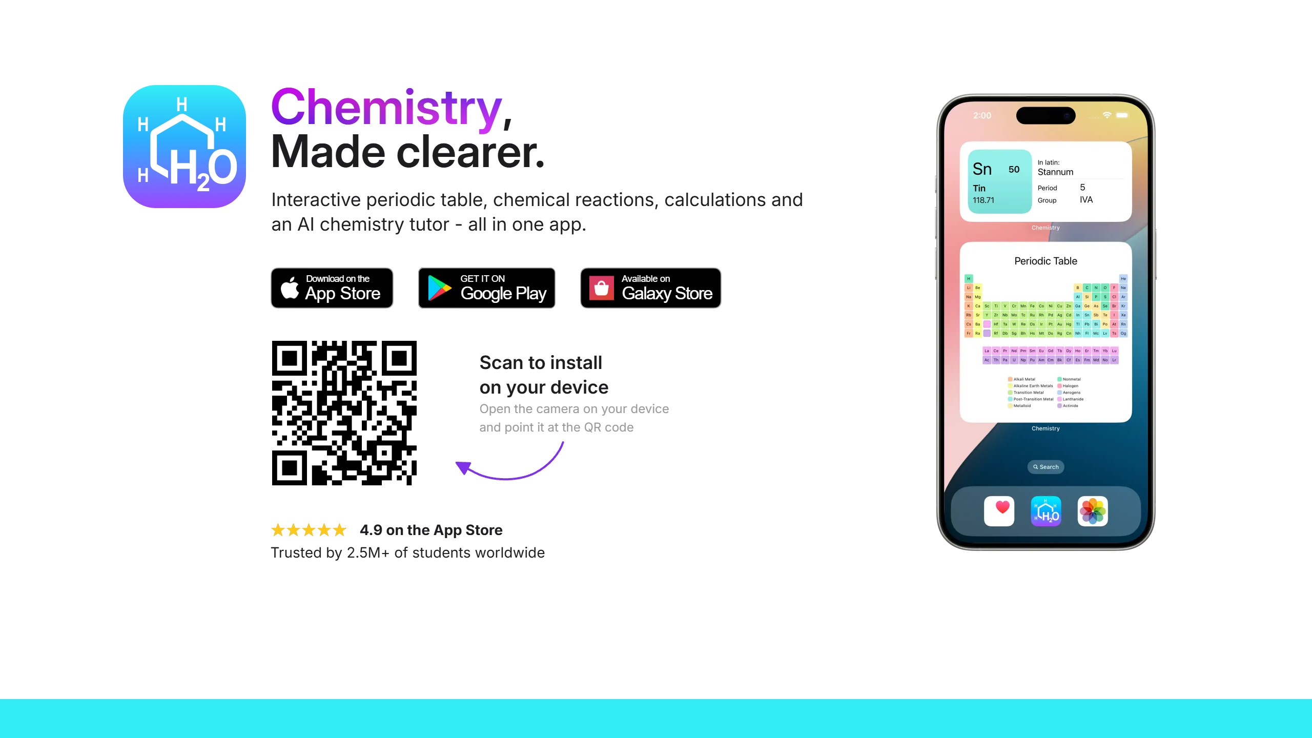 Chemistry app homepage headline Chemistry, Made clearer, describing an interactive periodic table, chemical reactions, calculations and an AI chemistry tutor, beside a phone showing the periodic table