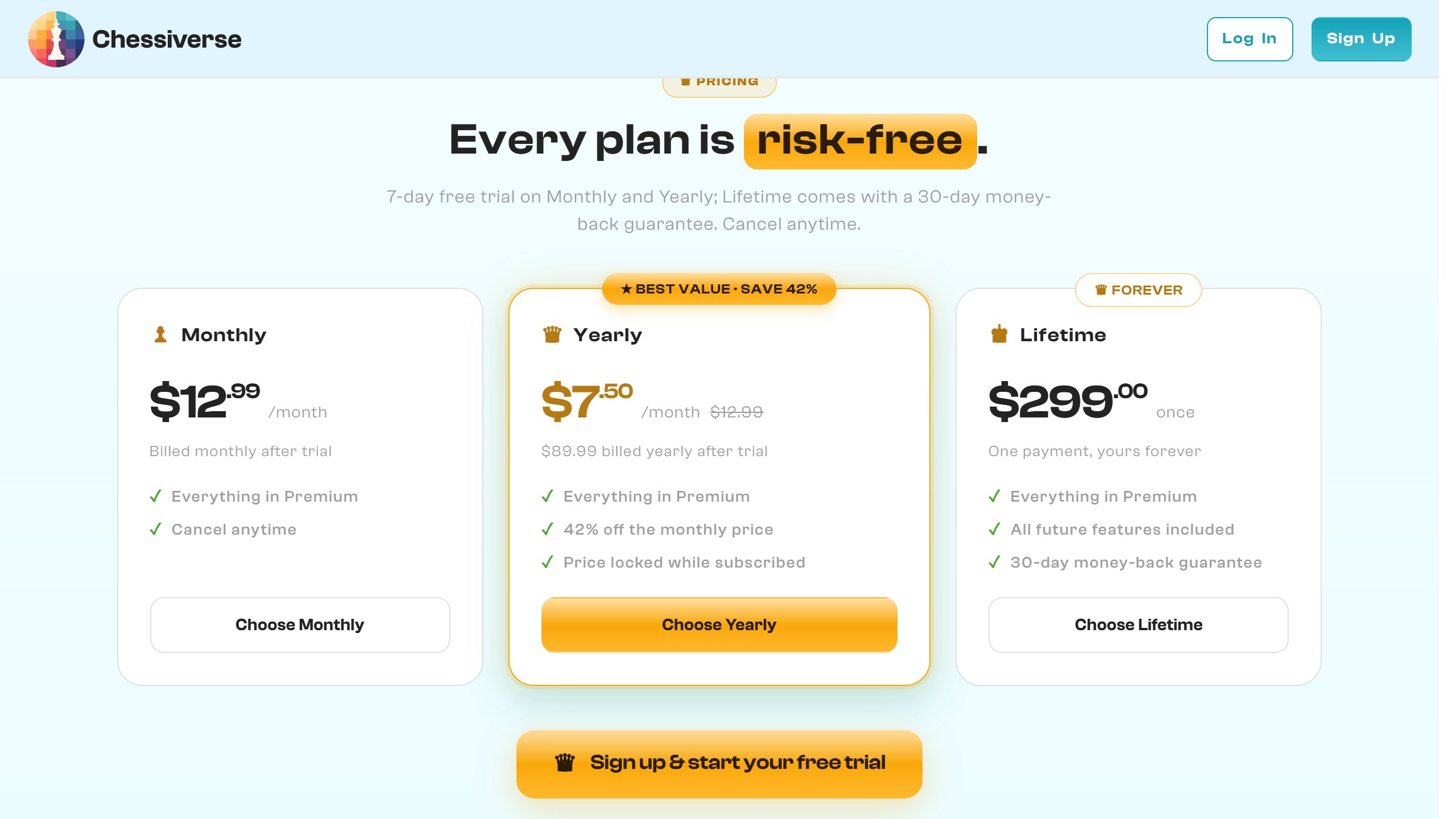 Chessiverse premium pricing page showing Monthly $12.99, Yearly $7.50 a month billed $89.99 after trial, and Lifetime $299 once, with a 7-day free trial