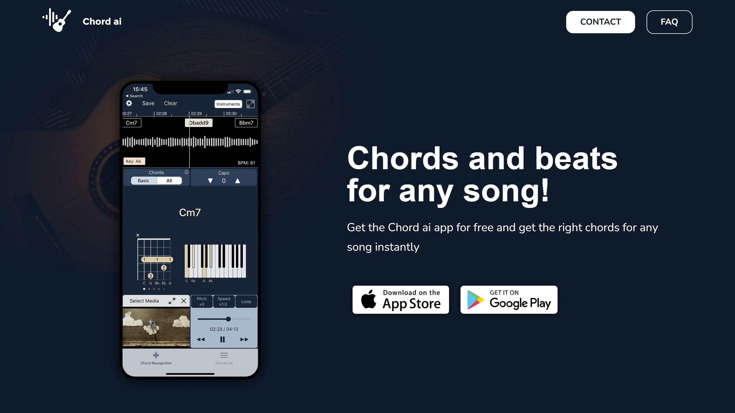 Chord ai homepage headline Chords and beats for any song, with a phone showing detected chords Cm7, Dbadd9 and Bbm7, key, BPM and guitar and piano diagrams