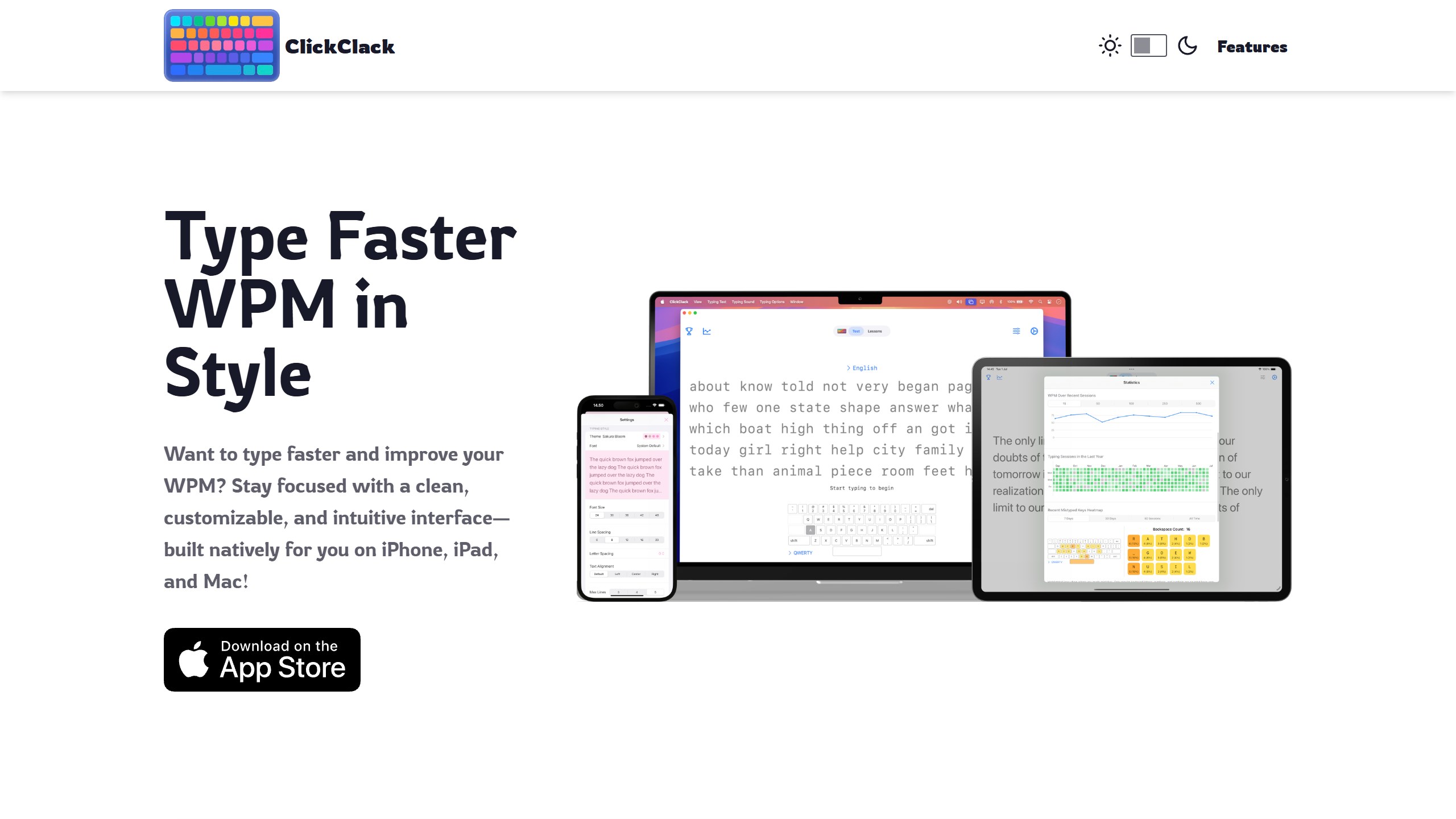 ClickClack homepage headline Type Faster WPM in Style, saying it is built natively for iPhone, iPad and Mac, beside the app on a MacBook, iPad and iPhone