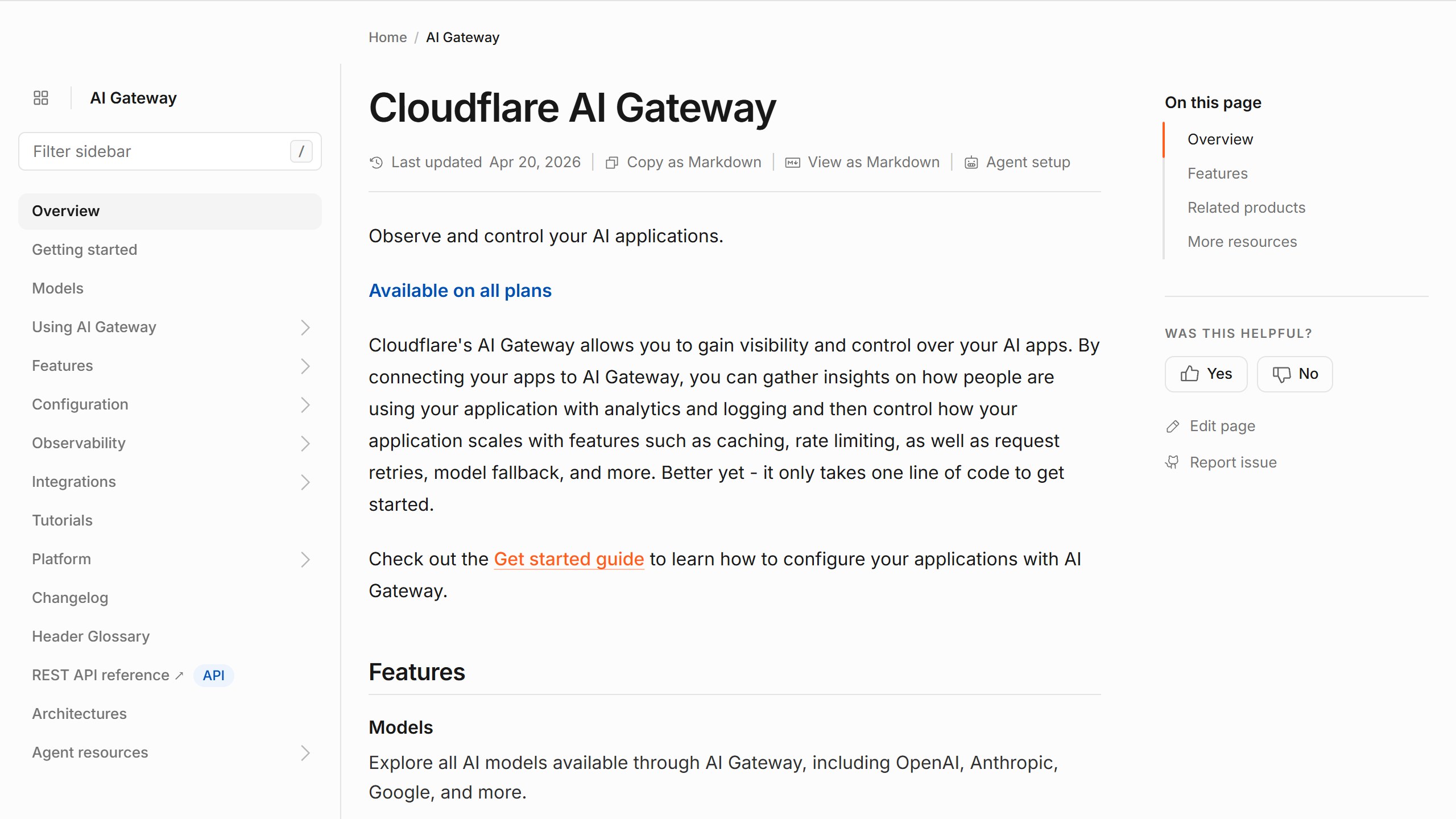 Cloudflare AI Gateway documentation overview, Observe and control your AI applications, marked Available on all plans, describing analytics, logging, caching, rate limiting, retries and model fallback