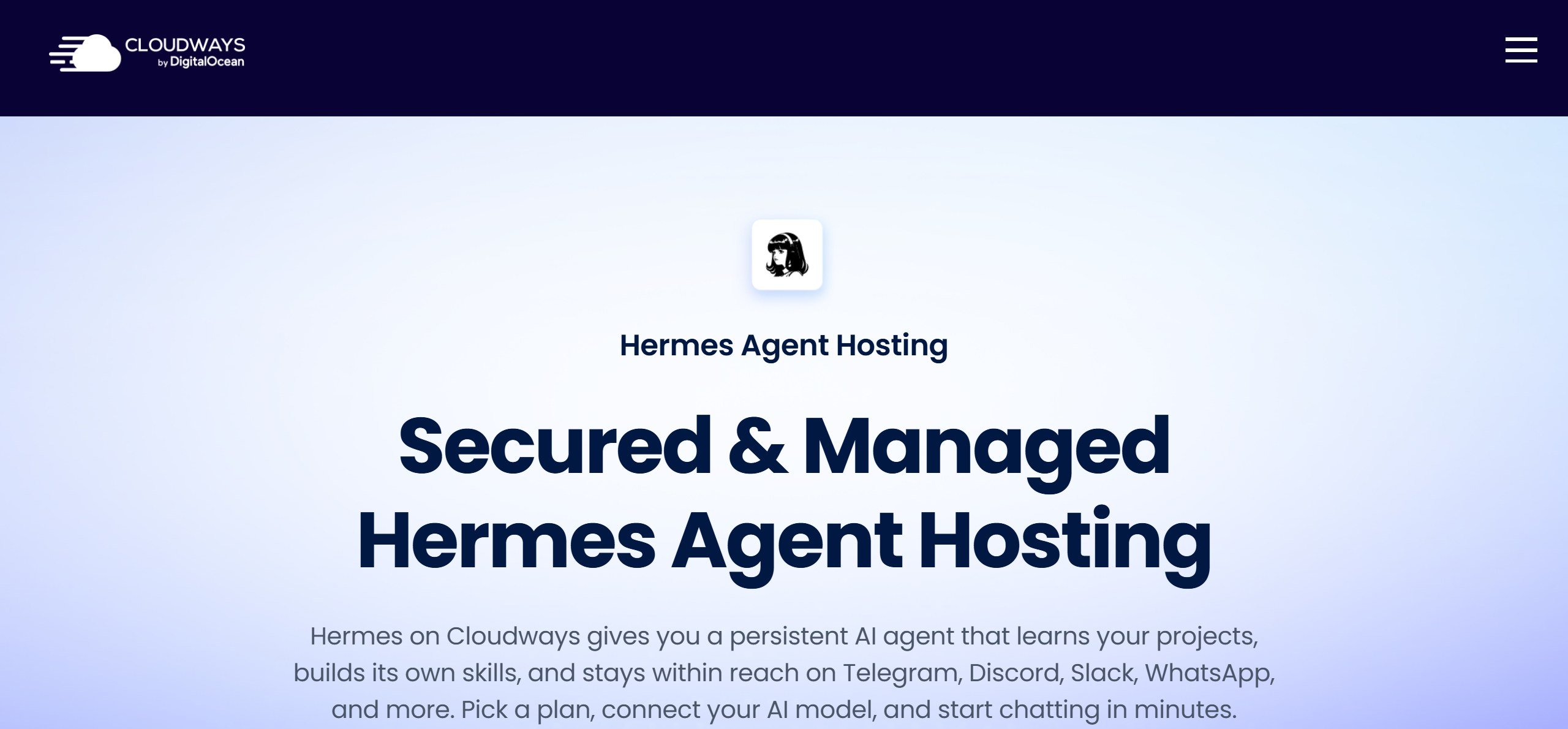 Cloudways Hermes Agent Hosting page headline Secured and Managed Hermes Agent Hosting, describing a persistent AI agent reachable on Telegram, Discord, Slack and WhatsApp