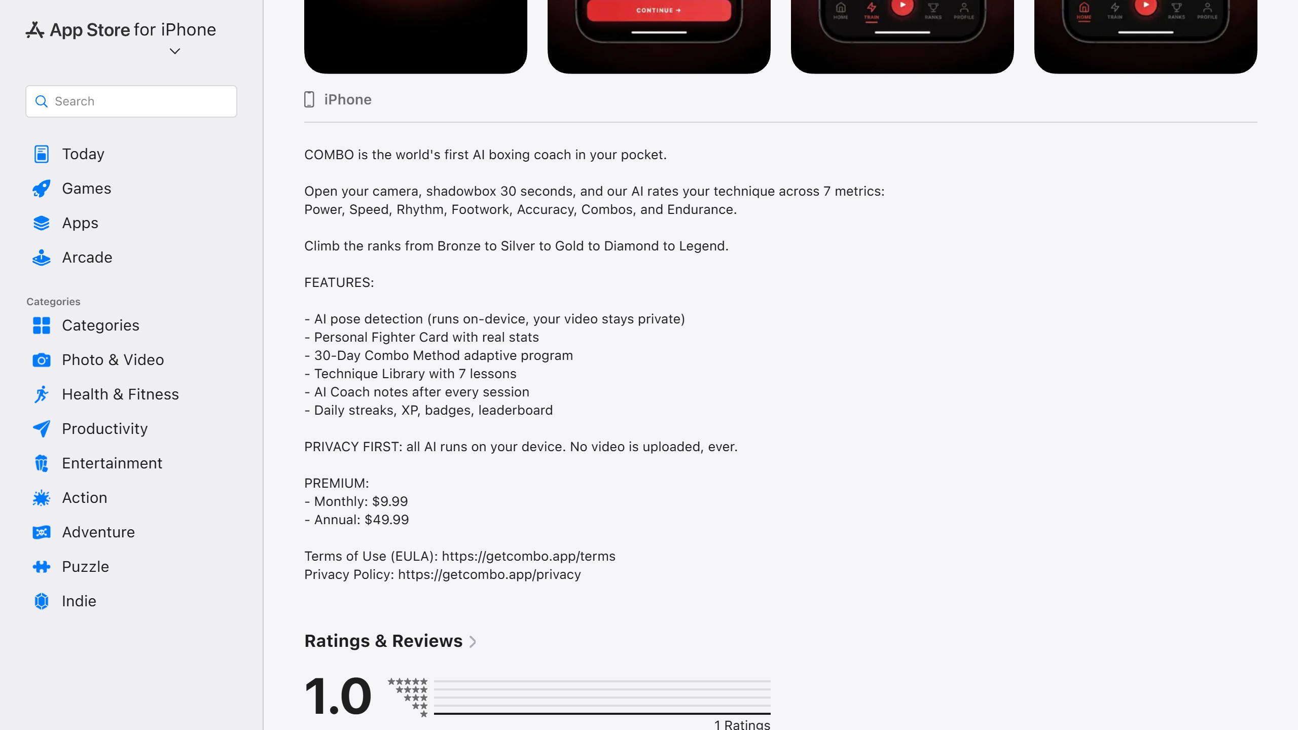 Combo AI US App Store description calling itself the world's first AI boxing coach in your pocket, with on-device pose detection and Premium at $9.99 a month or $49.99 a year