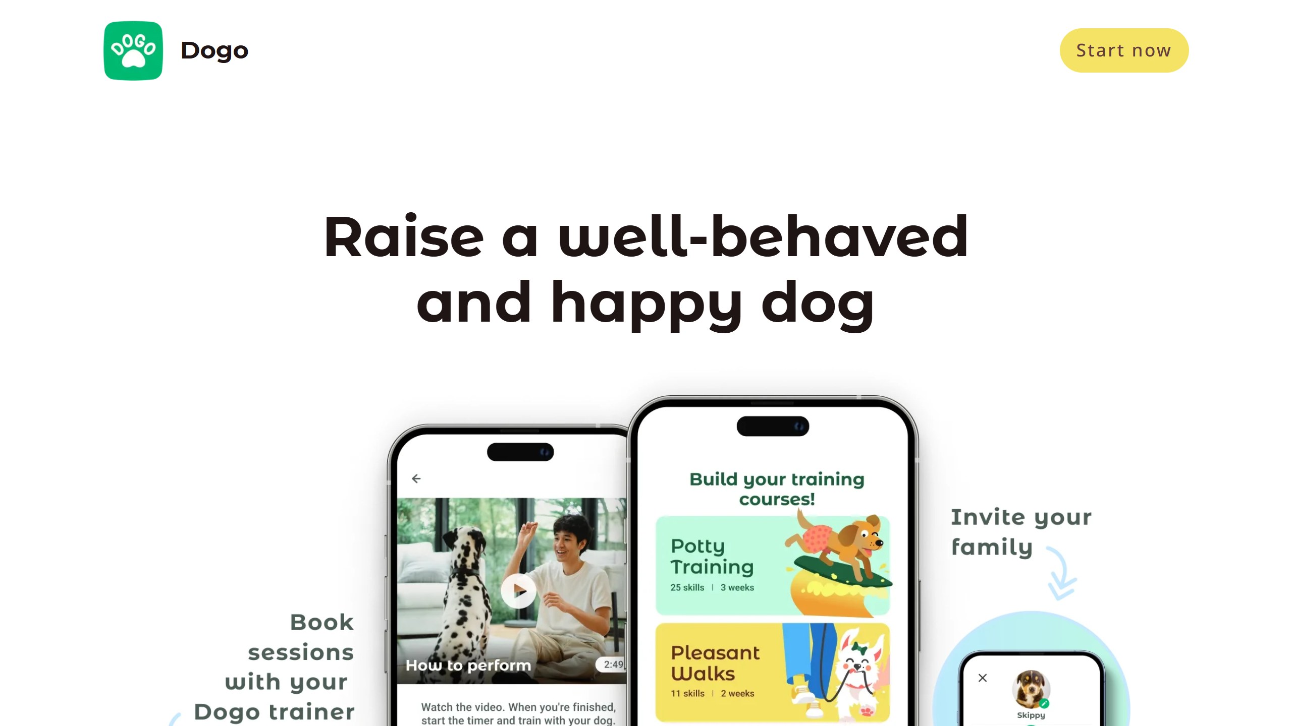 Dogo homepage headline Raise a well-behaved and happy dog, with phones showing a How to perform lesson video and training courses, and the line Book sessions with your Dogo trainer