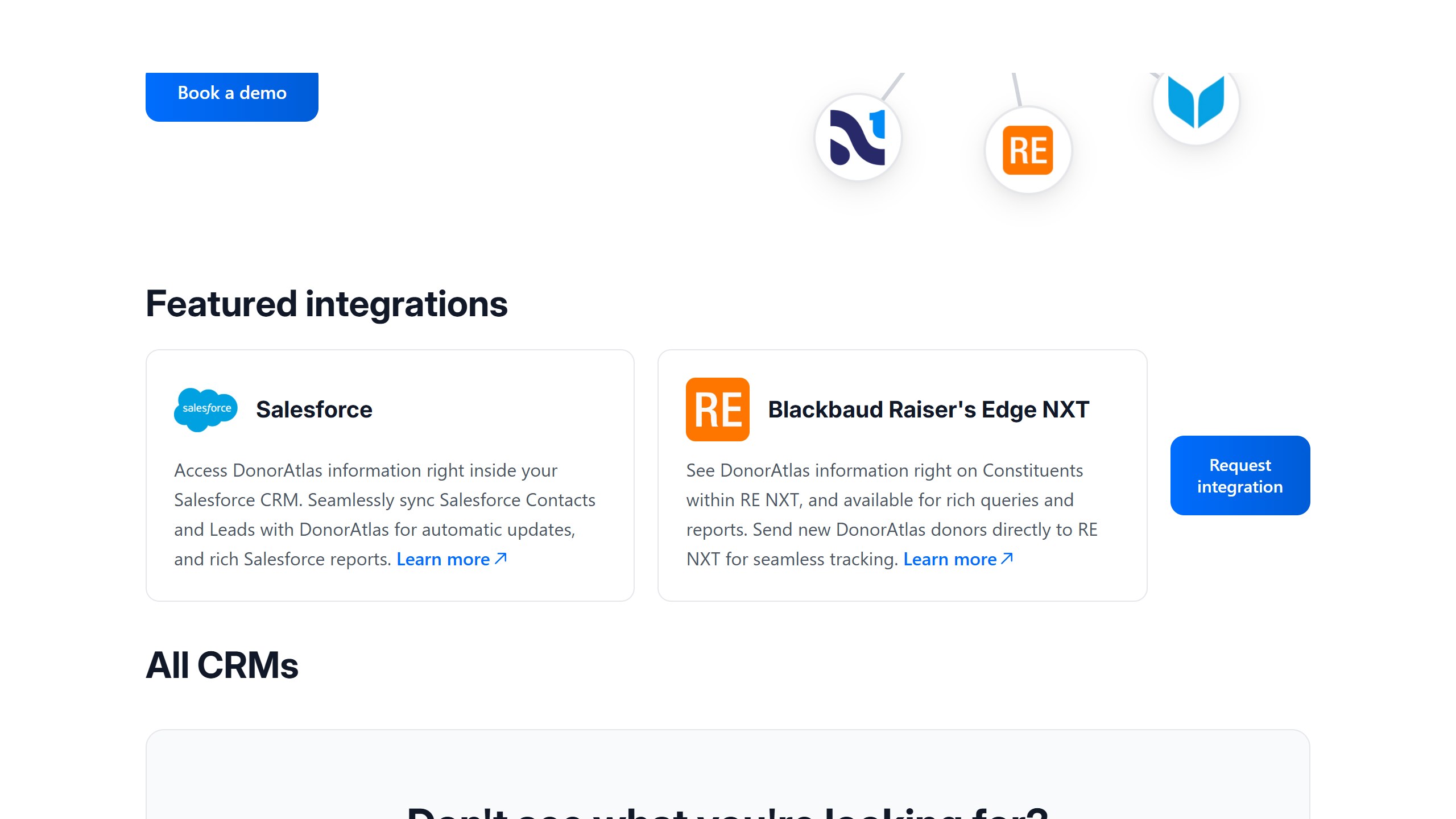 DonorAtlas integrations page with two featured integrations, Salesforce and Blackbaud Raiser's Edge NXT, above a list of all CRMs