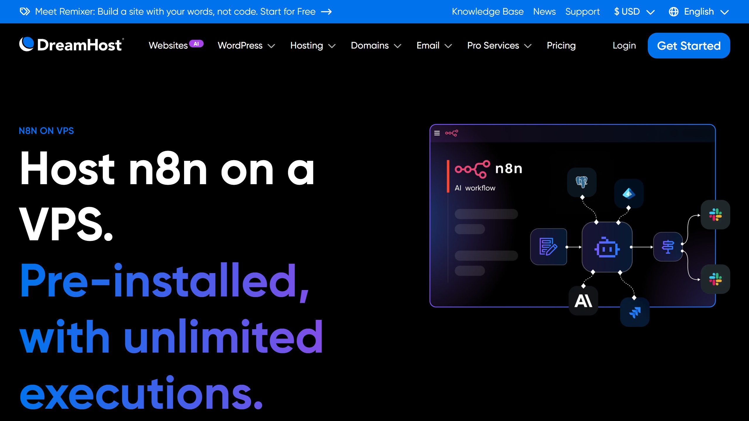 DreamHost n8n VPS page headline Host n8n on a VPS, pre-installed, with unlimited executions