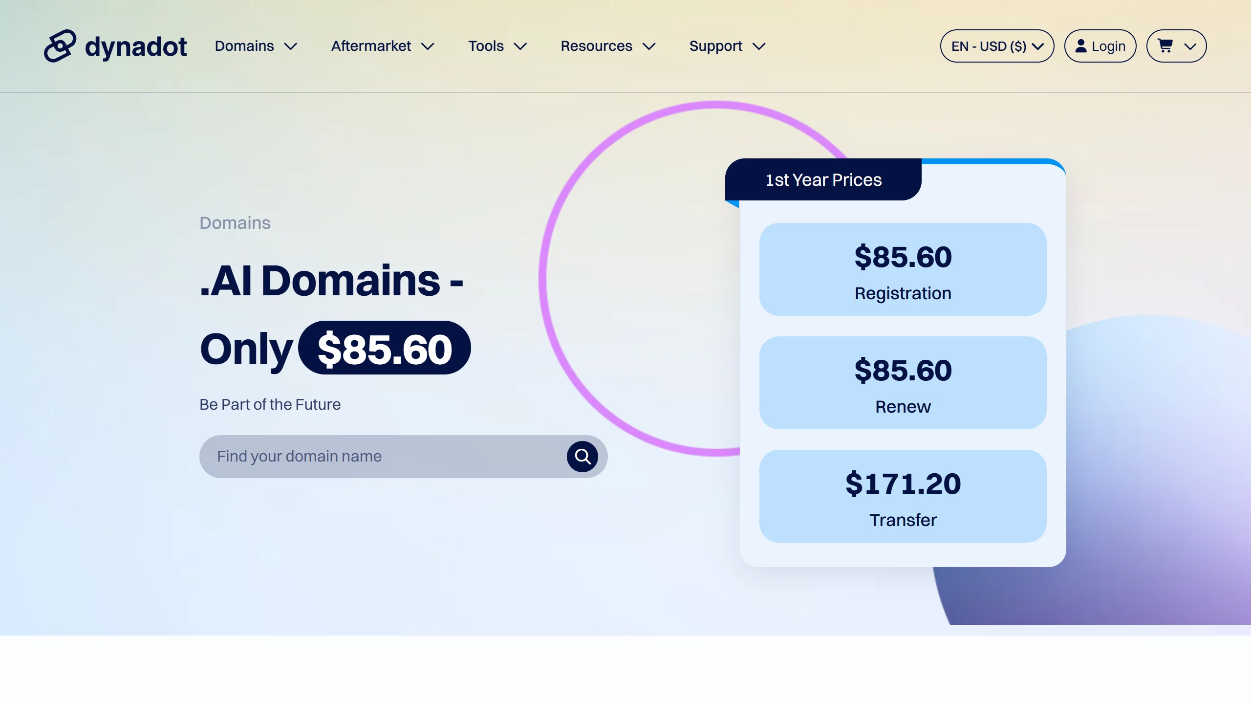 Dynadot .AI domains page in US dollars listing $85.60 registration, $85.60 renewal and $171.20 transfer