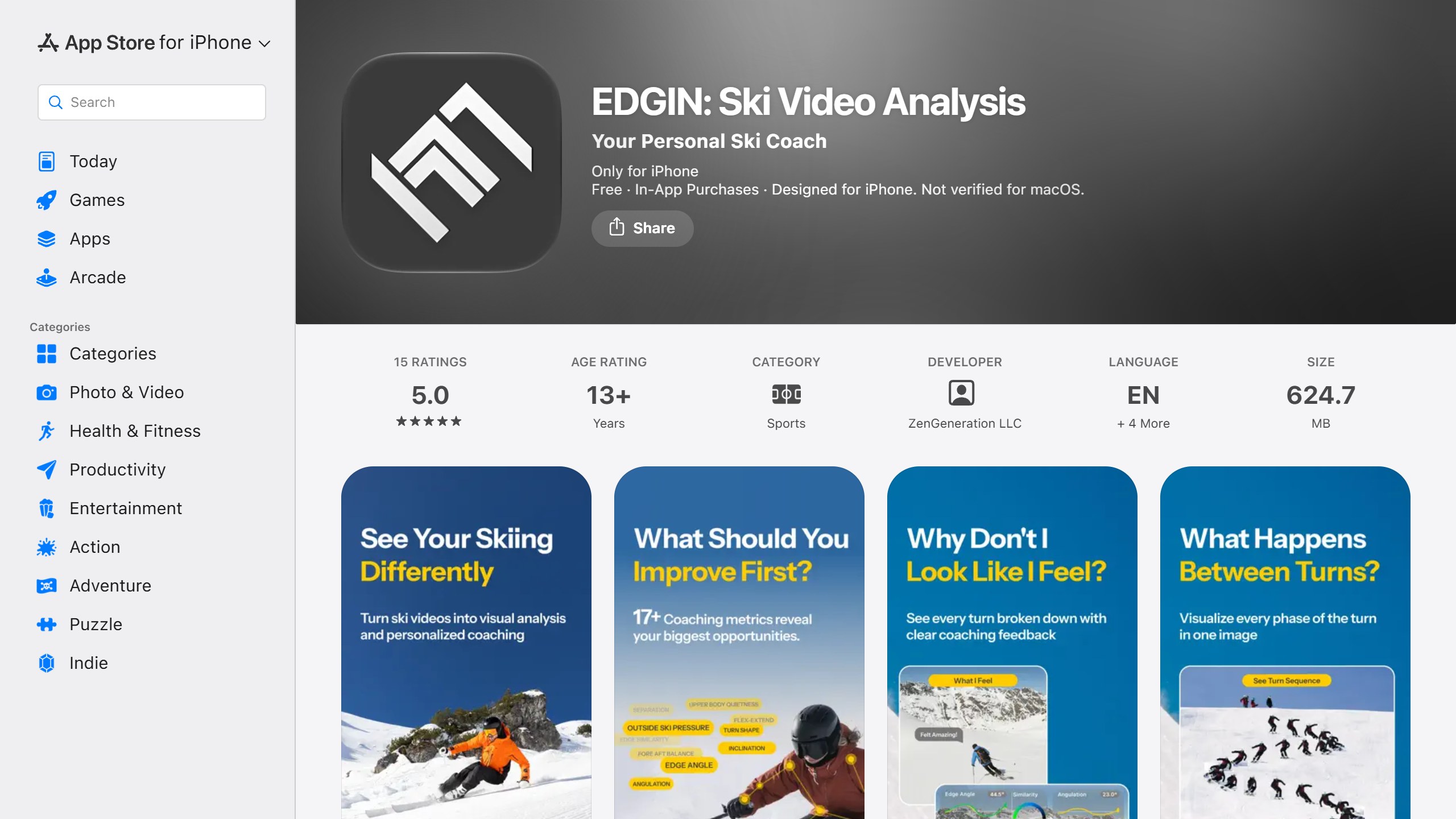 US App Store listing for EDGIN Ski Video Analysis, Your Personal Ski Coach, rated 5.0 from 15 ratings with a 13+ age rating, with screenshots of ski video analysis and coaching metrics