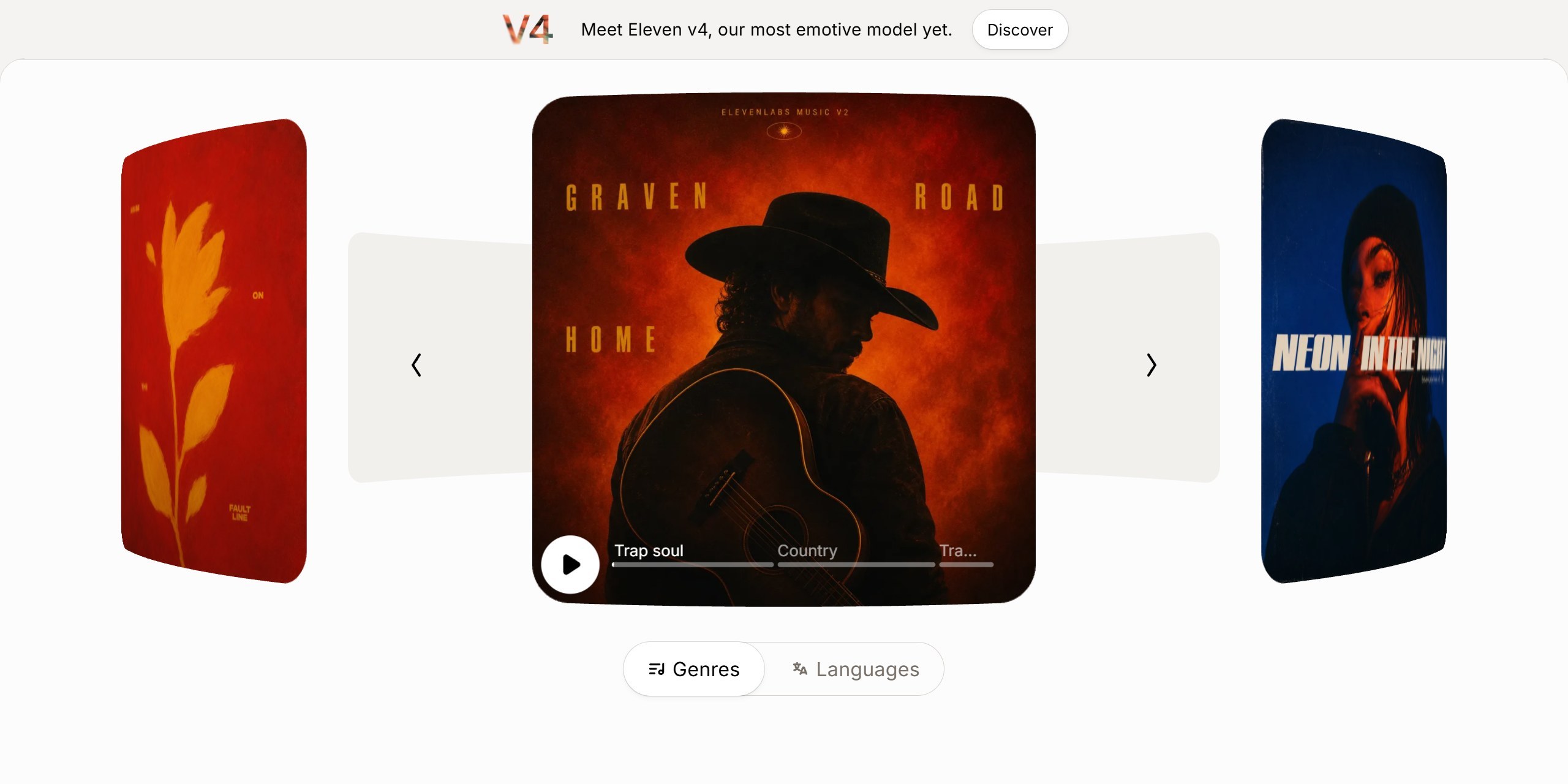 ElevenLabs Music page with a carousel of generated track covers labelled ElevenLabs Music v2, and Genres and Languages buttons