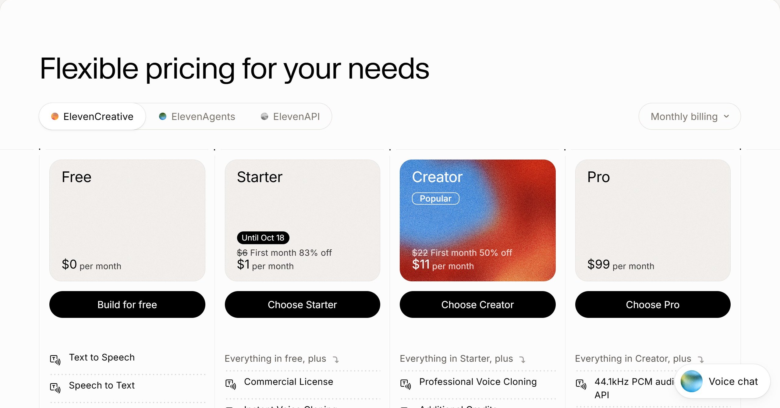 ElevenLabs pricing page with monthly billing, showing Free at $0, Starter at $1 for the first month until 18 October from $6, Creator at $11 for the first month from $22, and Pro at $99