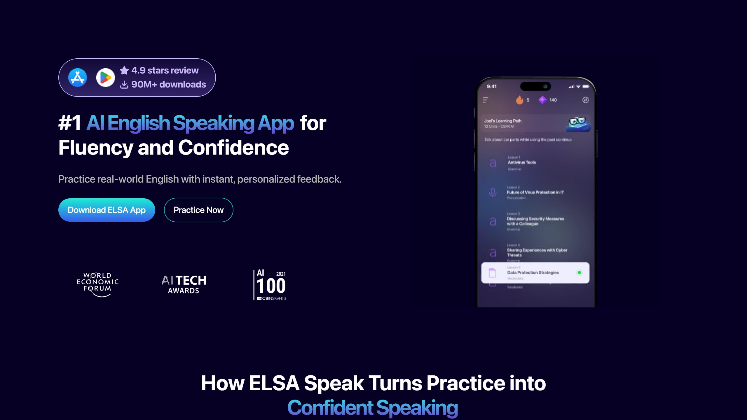 ELSA Speak homepage headline #1 AI English Speaking App for Fluency and Confidence, with Download ELSA App and Practice Now buttons beside a phone showing a lesson path