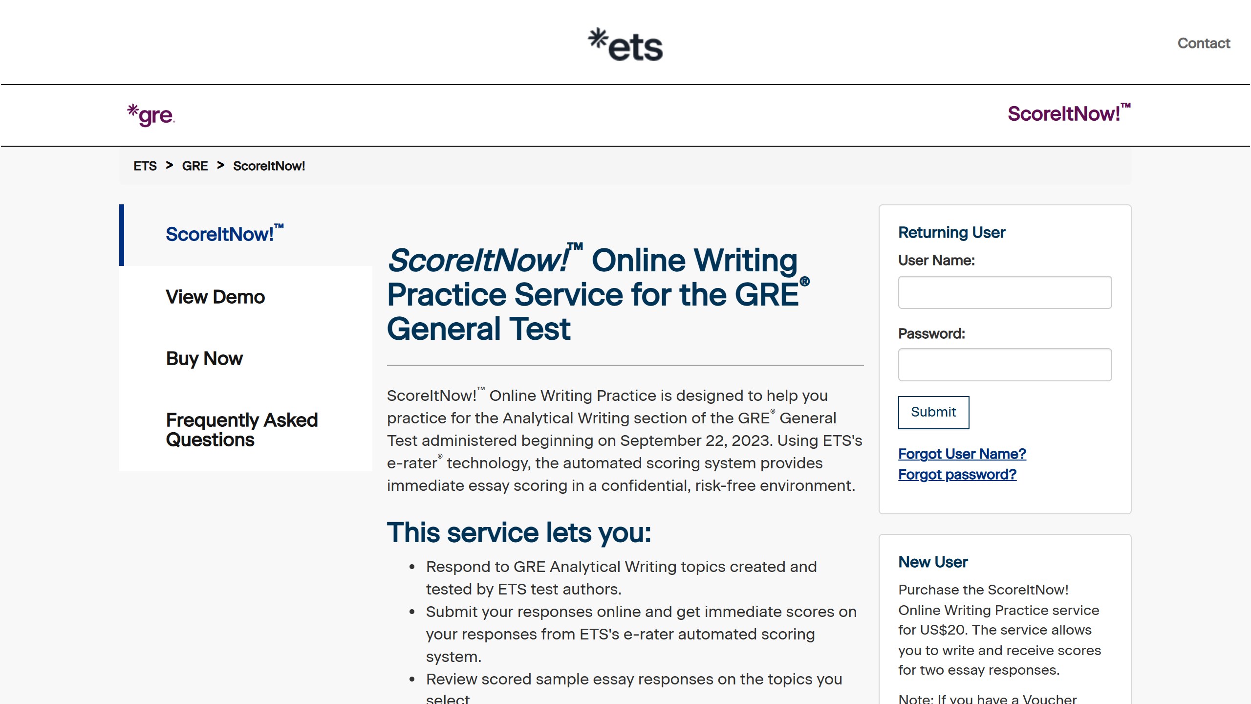 ETS ScoreItNow Online Writing Practice Service for the GRE General Test page, saying it uses ETS e-rater technology for immediate essay scoring and costs 20 US dollars for two essay responses