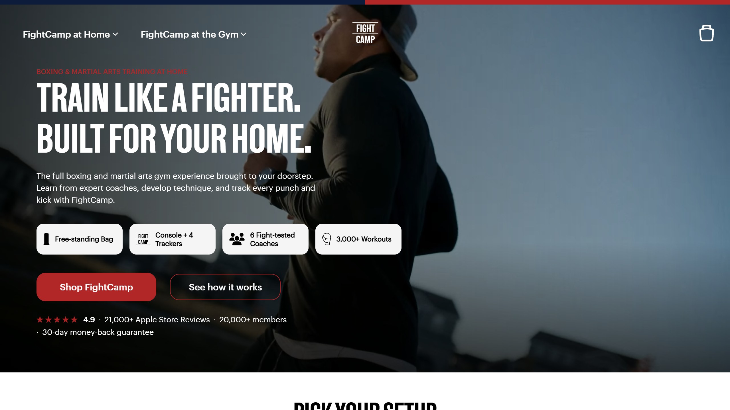FightCamp shop page headline Train Like a Fighter, Built for Your Home, listing a free-standing bag, console and 4 trackers and a 30-day money-back guarantee