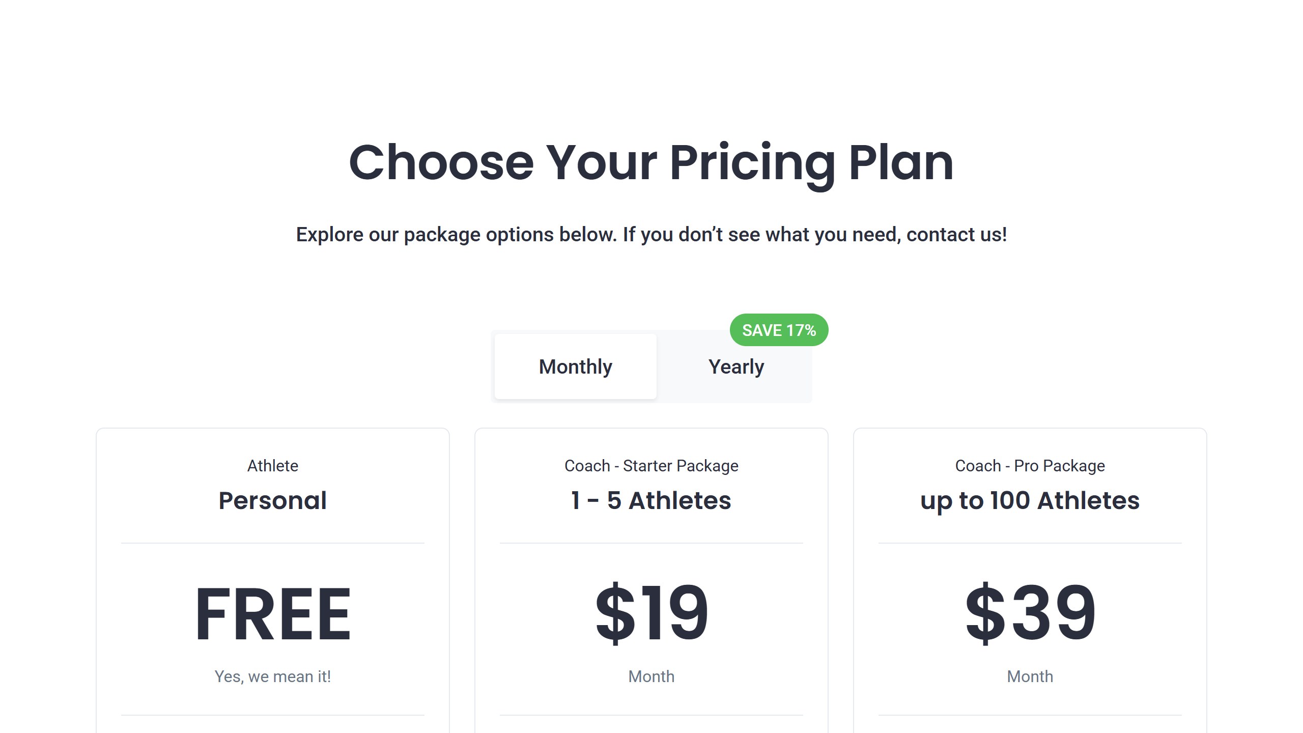 Final Surge pricing on the Monthly toggle: Athlete Personal free, Coach Starter at 19 dollars a month for 1 to 5 athletes and Coach Pro at 39 dollars a month for up to 100 athletes