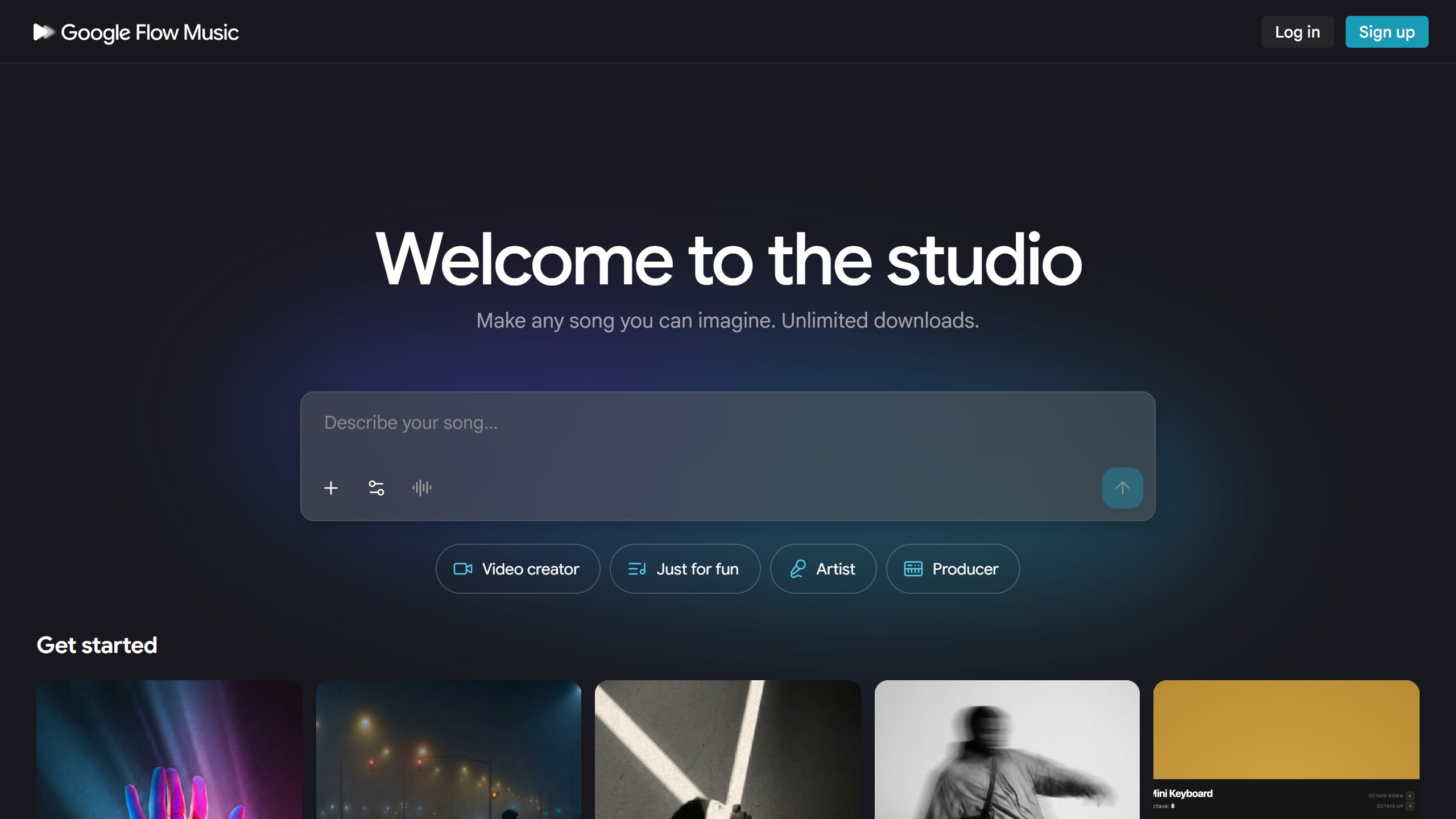 Google Flow Music homepage headline Welcome to the studio, Make any song you can imagine. Unlimited downloads, with a Describe your song box and Video creator, Just for fun, Artist and Producer modes