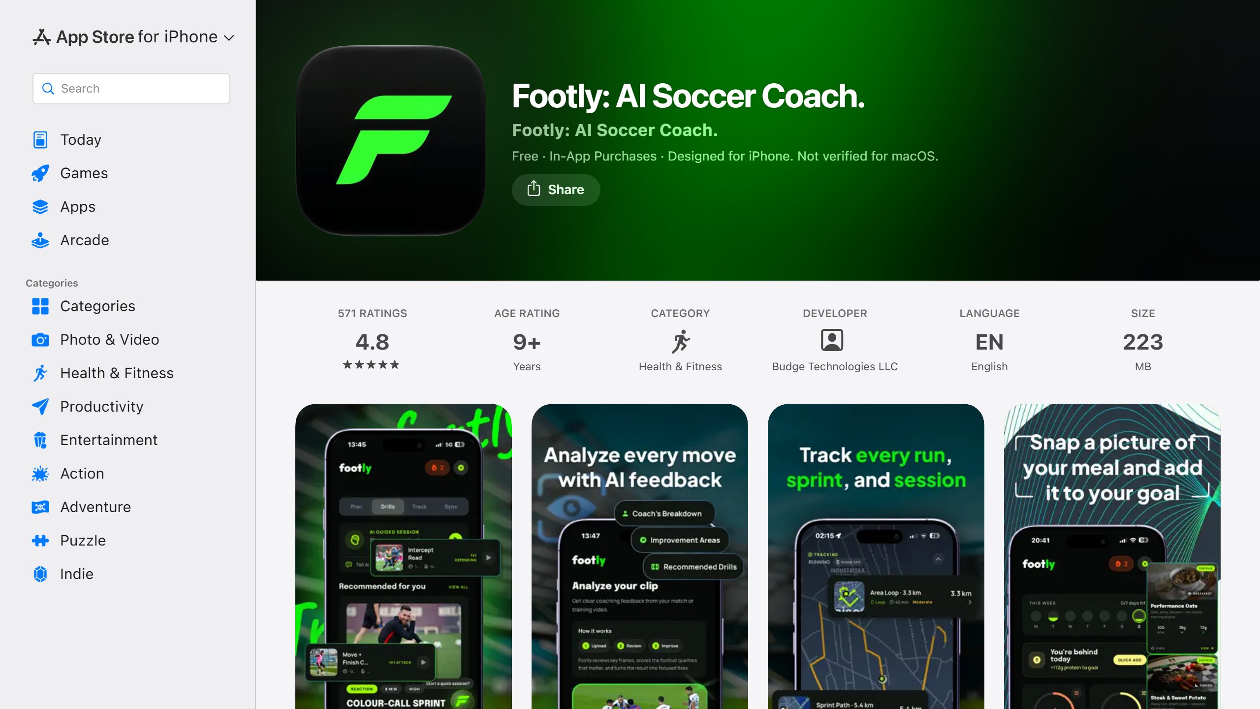 US App Store listing for Footly, AI Soccer Coach, rated 4.8 from 571 ratings with a 9+ age rating, with screenshots of clip analysis with AI feedback and run tracking