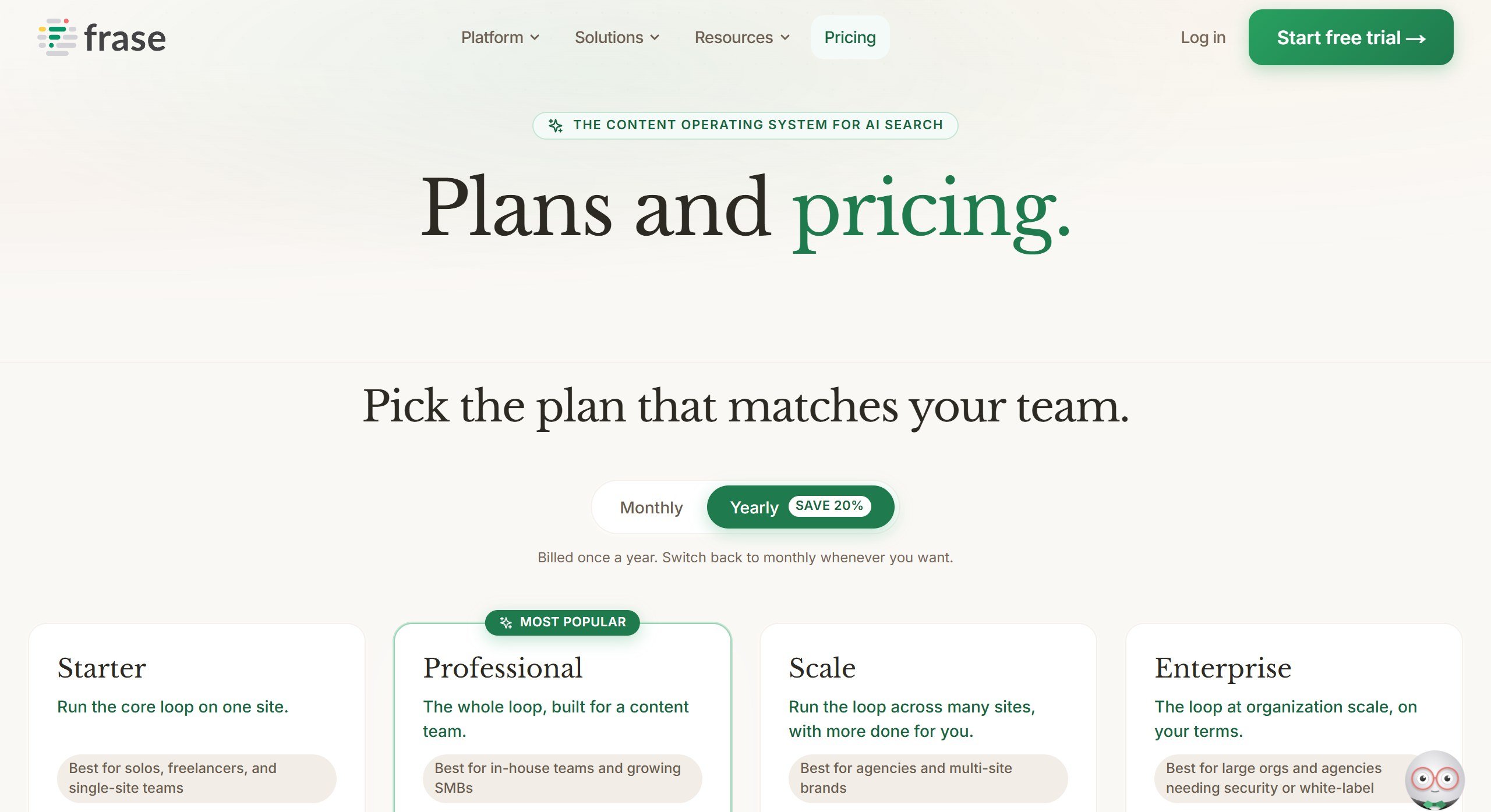 Frase pricing page headline Plans and pricing, with yearly billing at 20% off and Starter, Professional, Scale and Enterprise plans for solo, team and agency use