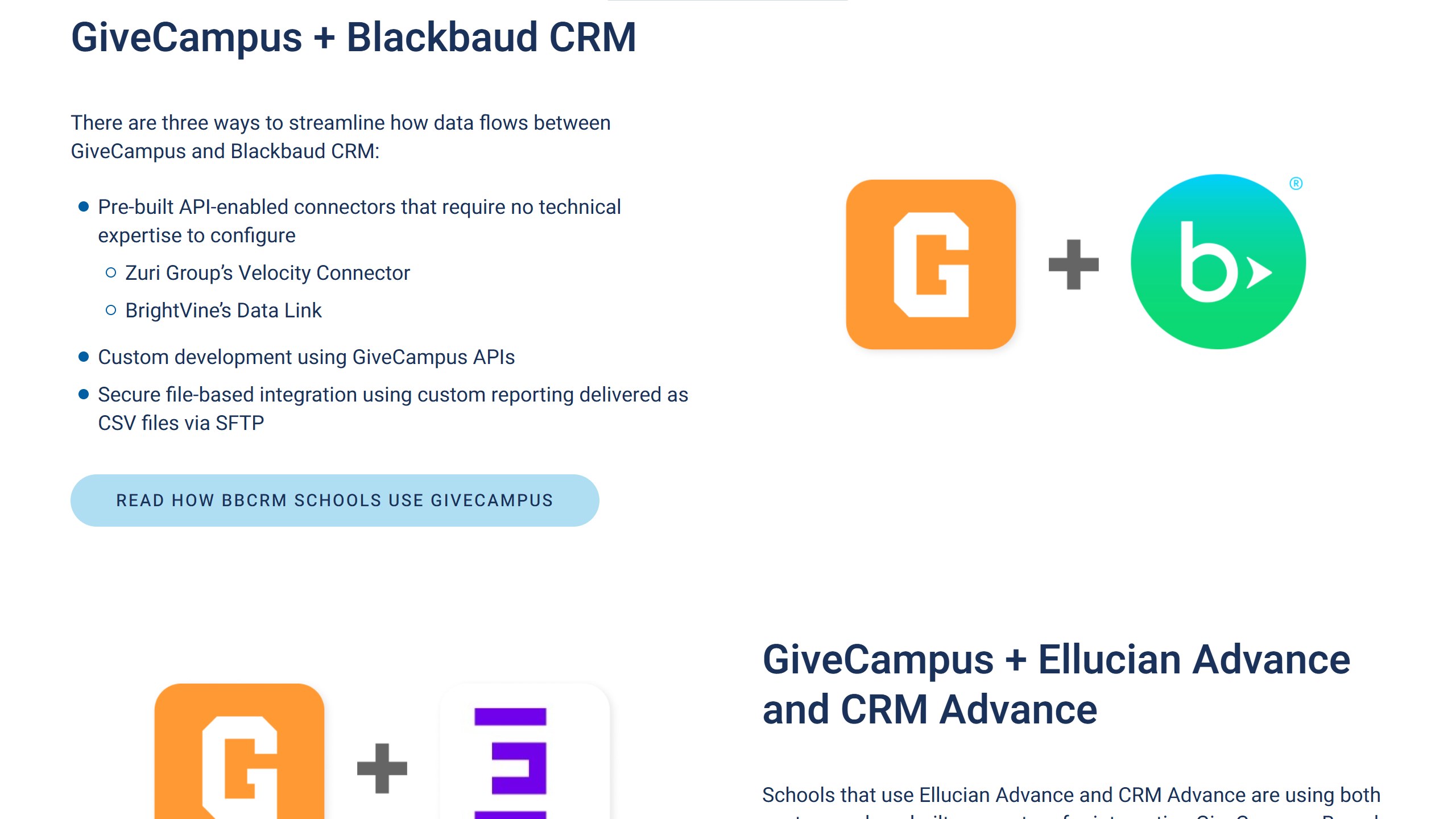 GiveCampus integrations page section GiveCampus plus Blackbaud CRM, listing pre-built API connectors, custom development with GiveCampus APIs, and secure file-based integration as CSV files via SFTP