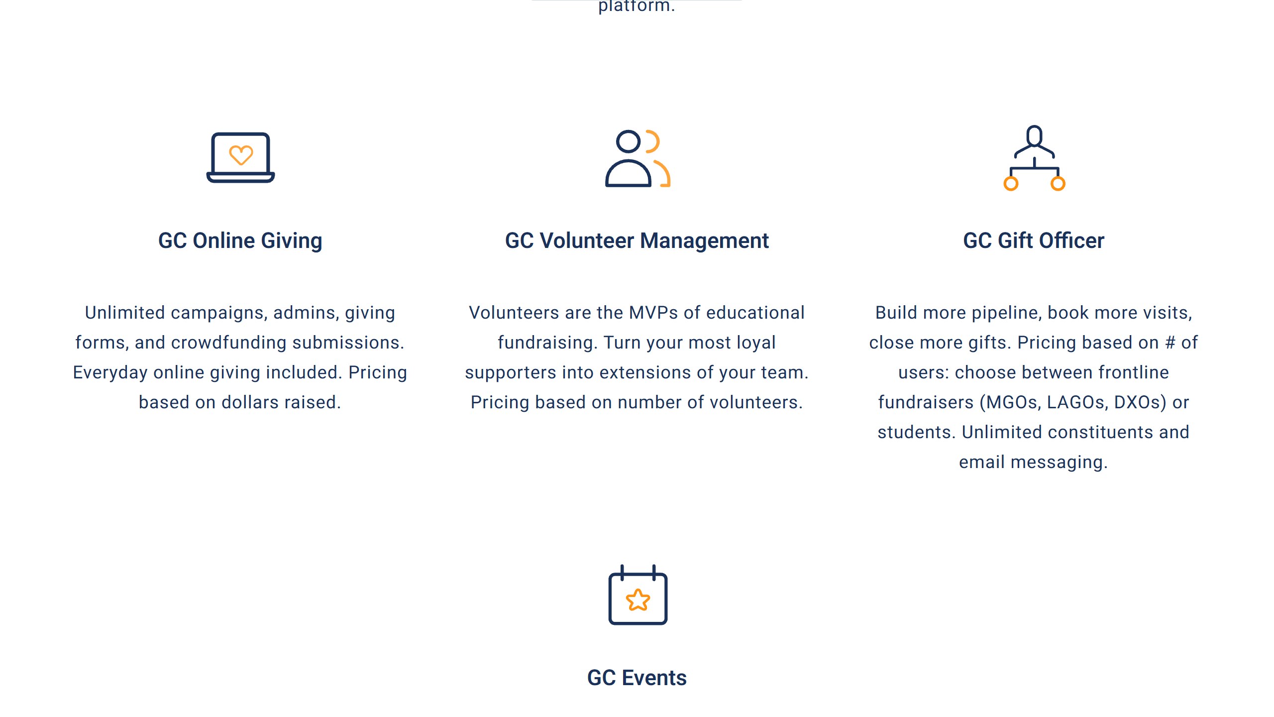 GiveCampus pricing page showing GC Online Giving priced on dollars raised, GC Volunteer Management on number of volunteers, and GC Gift Officer on number of users