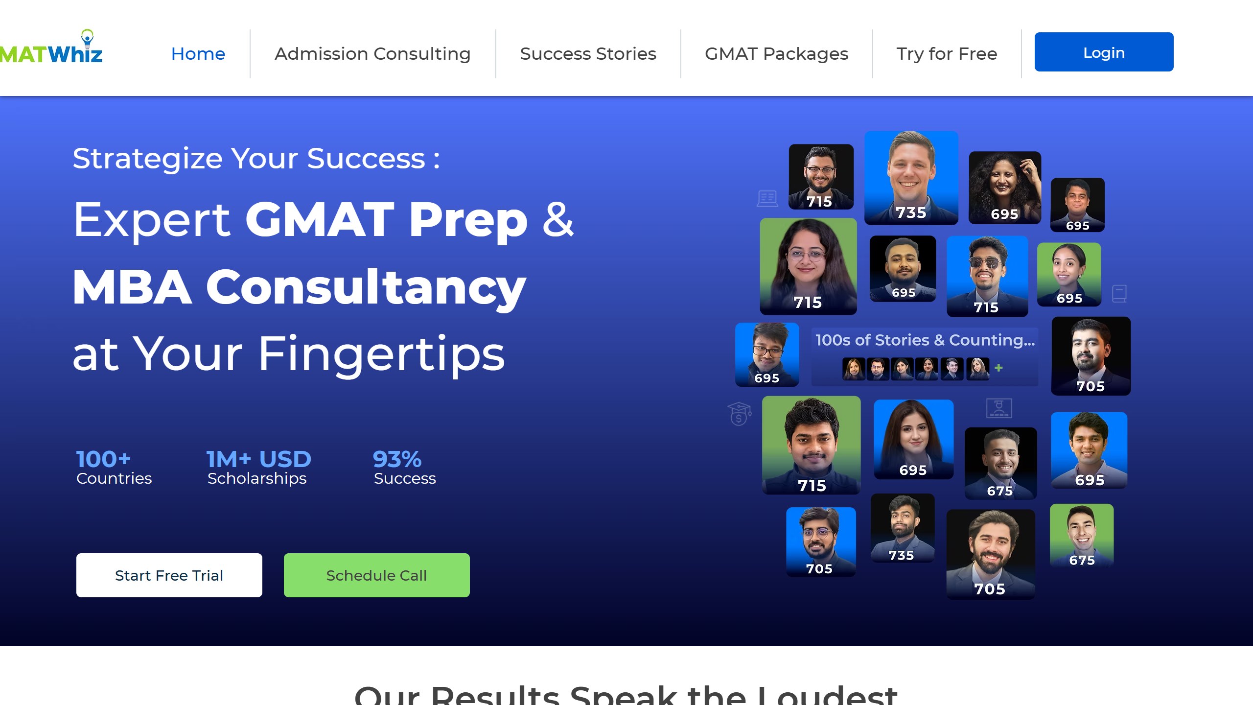 GMATWhiz homepage headline Strategize Your Success, Expert GMAT Prep and MBA Consultancy at Your Fingertips, with Start Free Trial and Schedule Call buttons beside student score photos