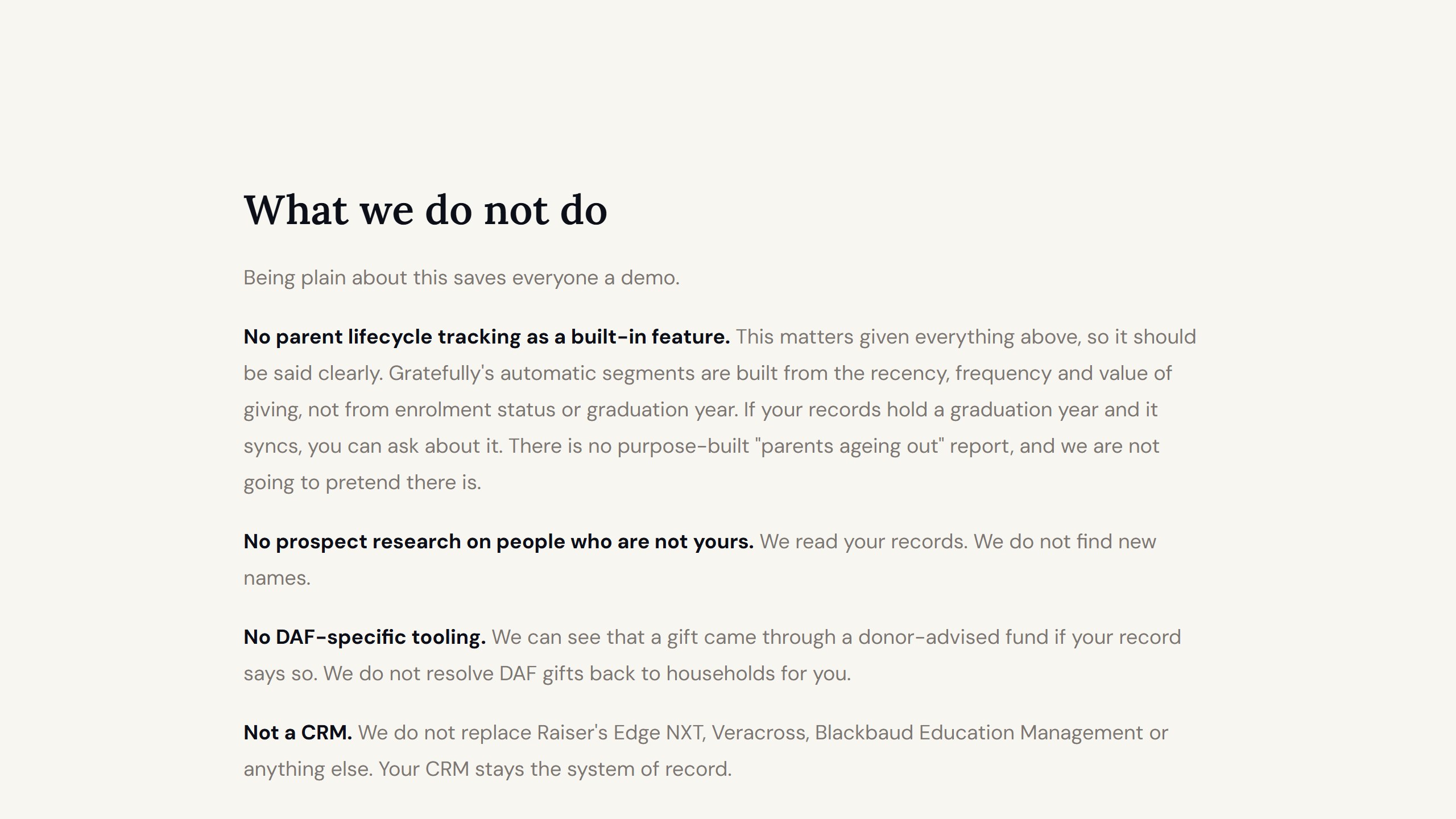 Gratefully independent schools page section What we do not do, listing no parent lifecycle tracking as a built-in feature, no prospect research on people who are not yours, no DAF-specific tooling, and not a CRM