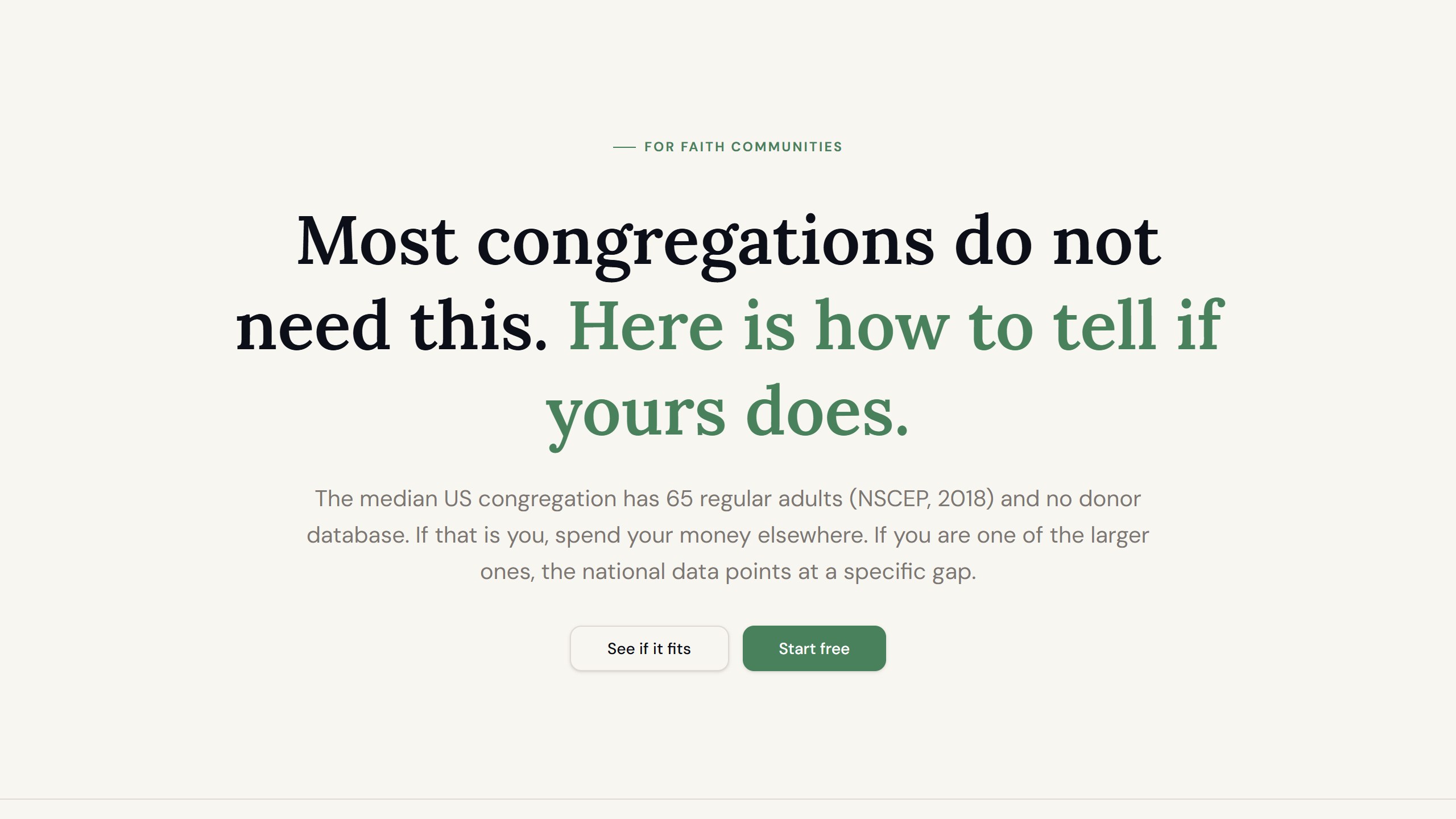 Gratefully page for faith communities with the headline Most congregations do not need this. Here is how to tell if yours does, citing a median congregation of 65 regular adults