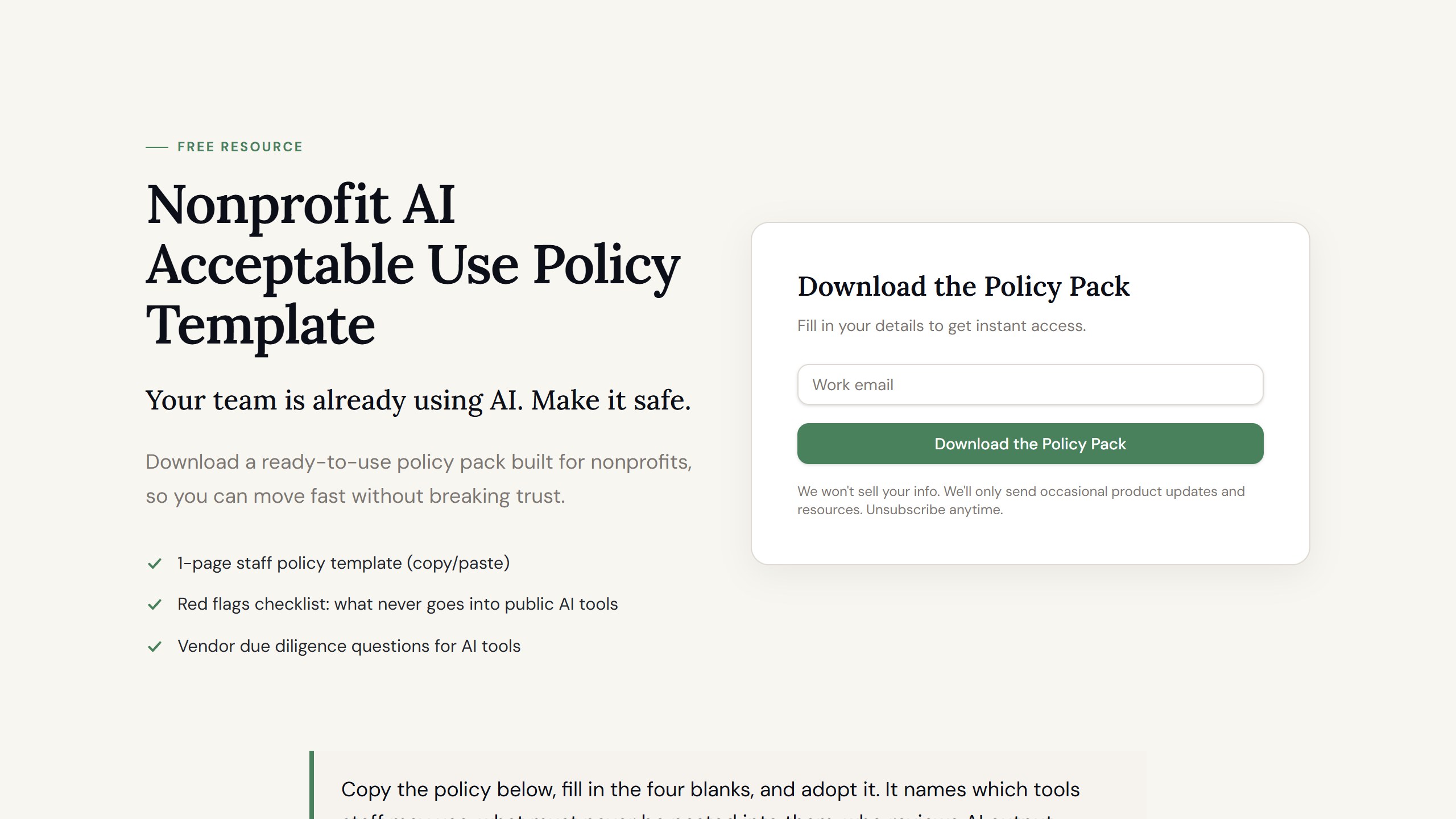 Gratefully Safe AI Policy Pack page headline Nonprofit AI Acceptable Use Policy Template, listing a one page staff policy, a red flags checklist and vendor due diligence questions, beside a work email form to download the pack