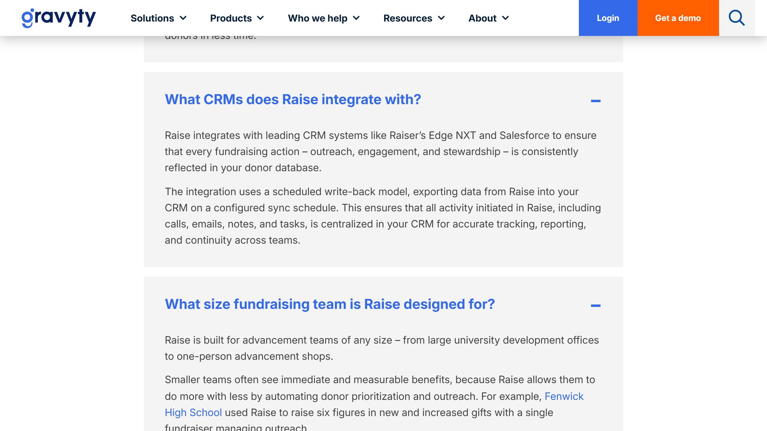 Gravyty Raise FAQ answering which CRMs it integrates with, naming Raiser's Edge NXT and Salesforce and describing a scheduled write-back model that exports data from Raise into the CRM