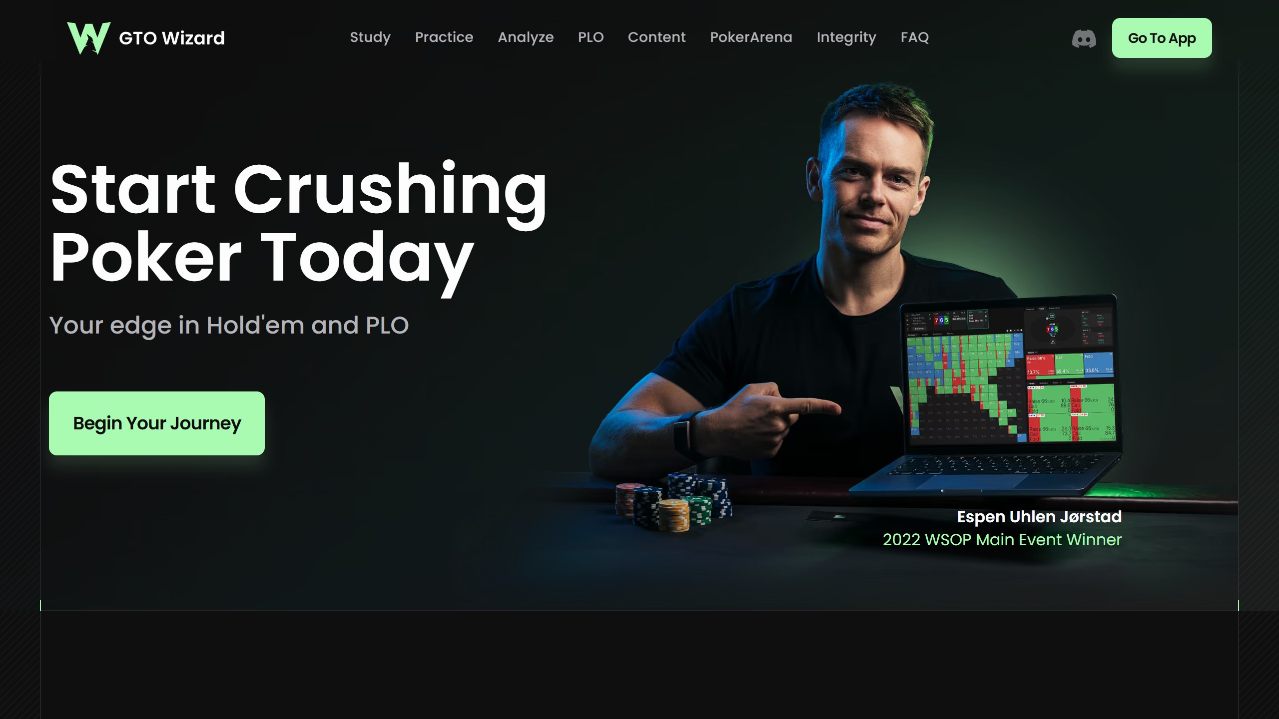 GTO Wizard homepage headline Start Crushing Poker Today, Your edge in Hold'em and PLO, with a laptop showing a solver strategy grid
