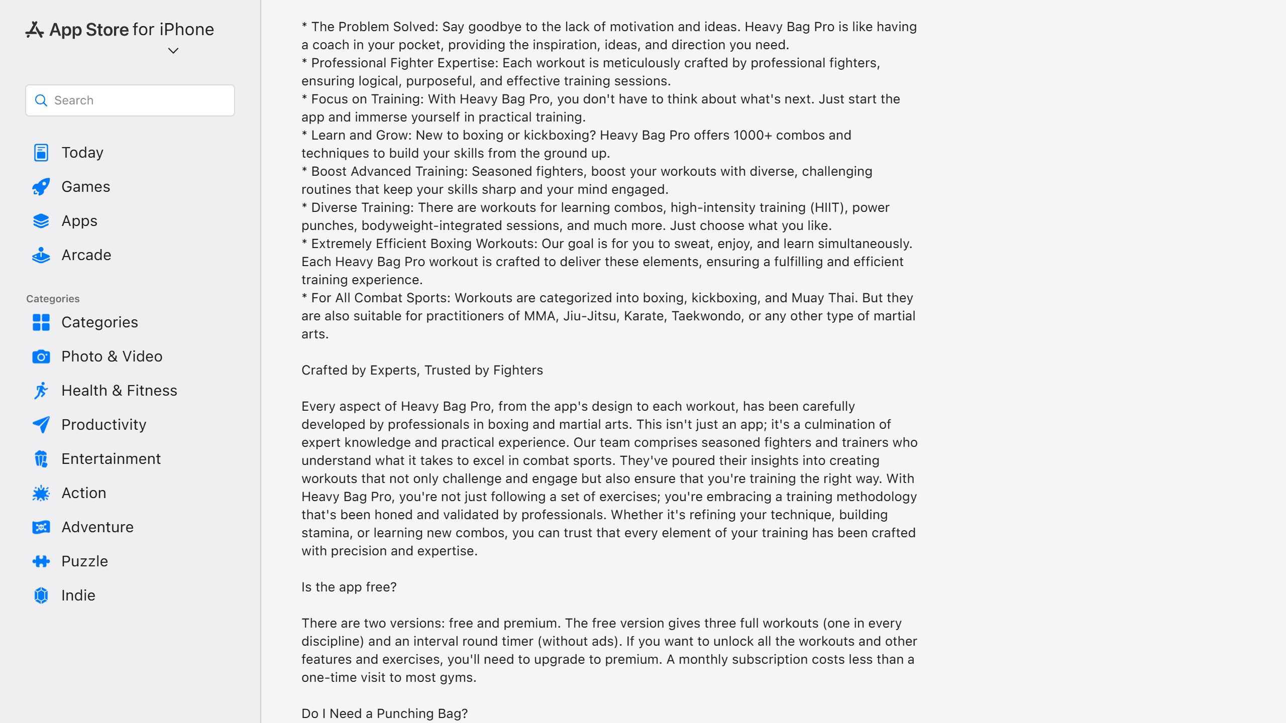 Heavy Bag Pro US App Store description explaining its free and premium versions and that workouts are built for bag work and shadow boxing