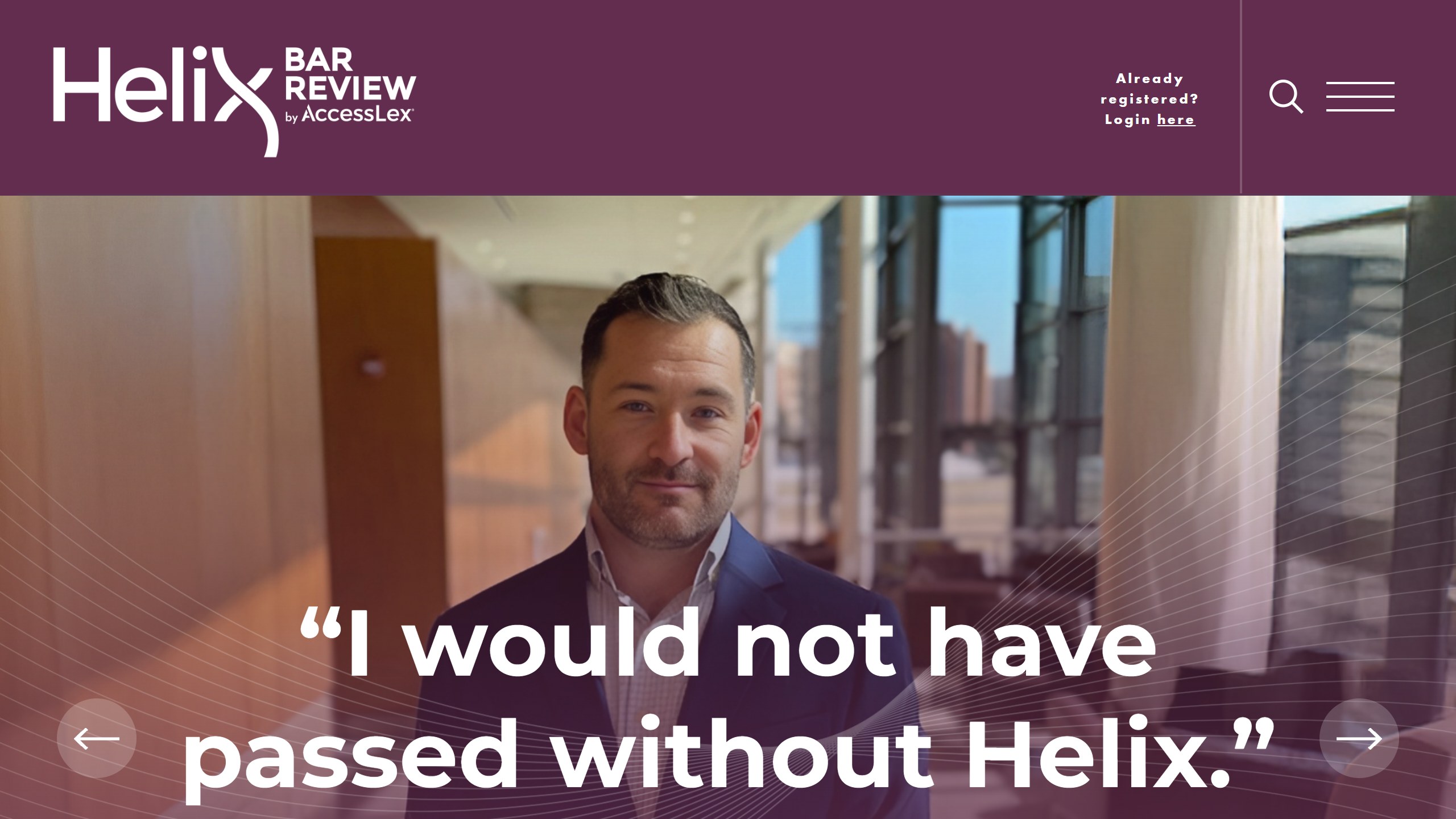 Helix Bar Review by AccessLex homepage with a student testimonial reading I would not have passed without Helix