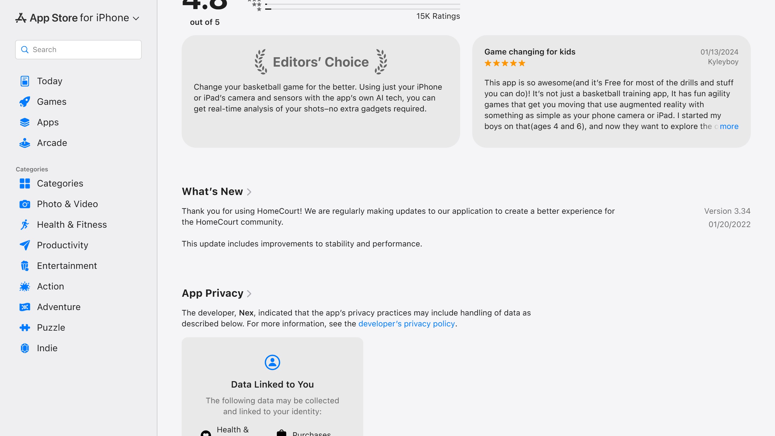 HomeCourt US App Store listing What's New section showing Version 3.34 dated 01/20/2022 with improvements to stability and performance