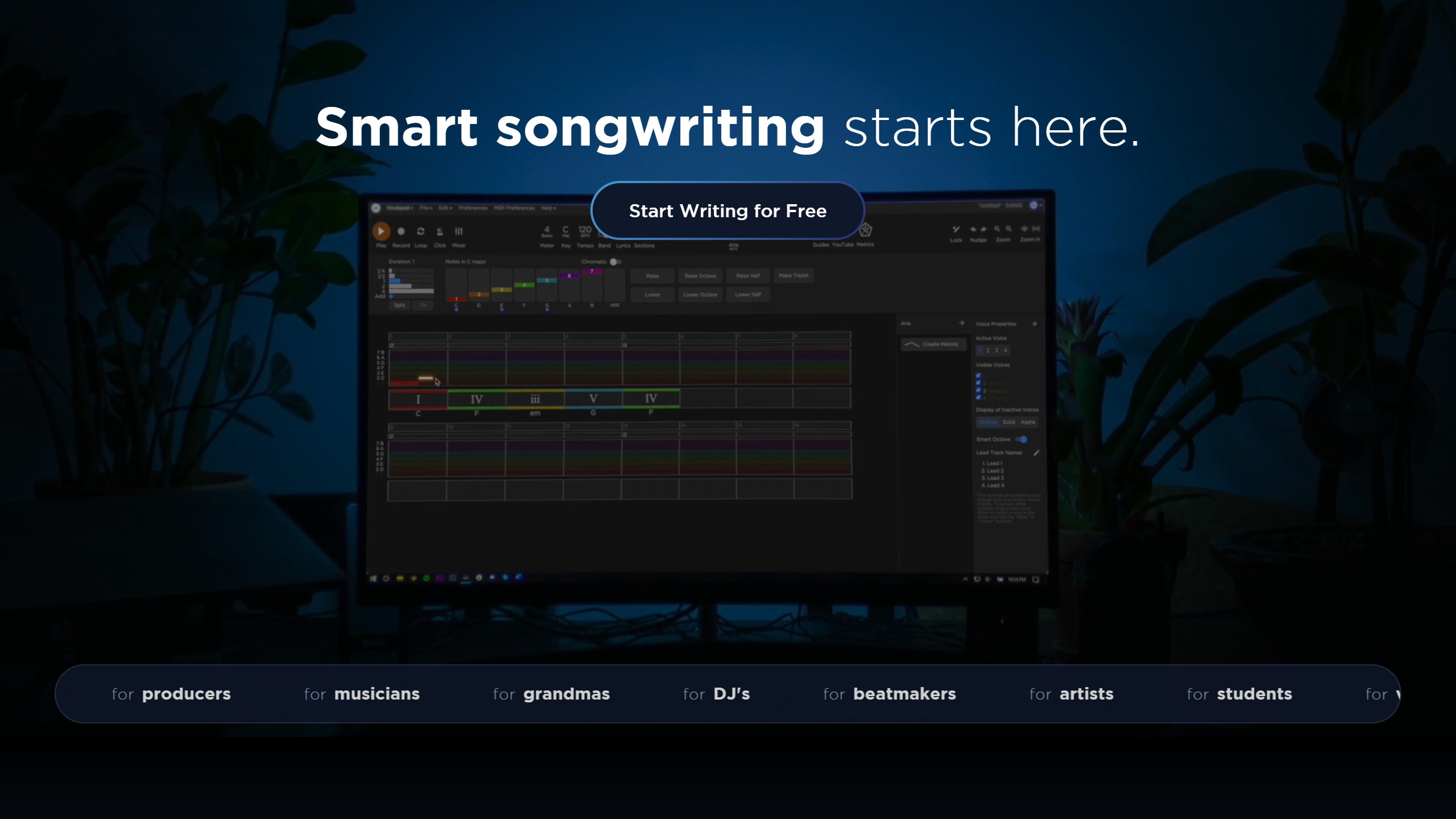 Hookpad homepage headline Smart songwriting starts here, with a Start Writing for Free button over a screen showing chords on a Hookpad grid