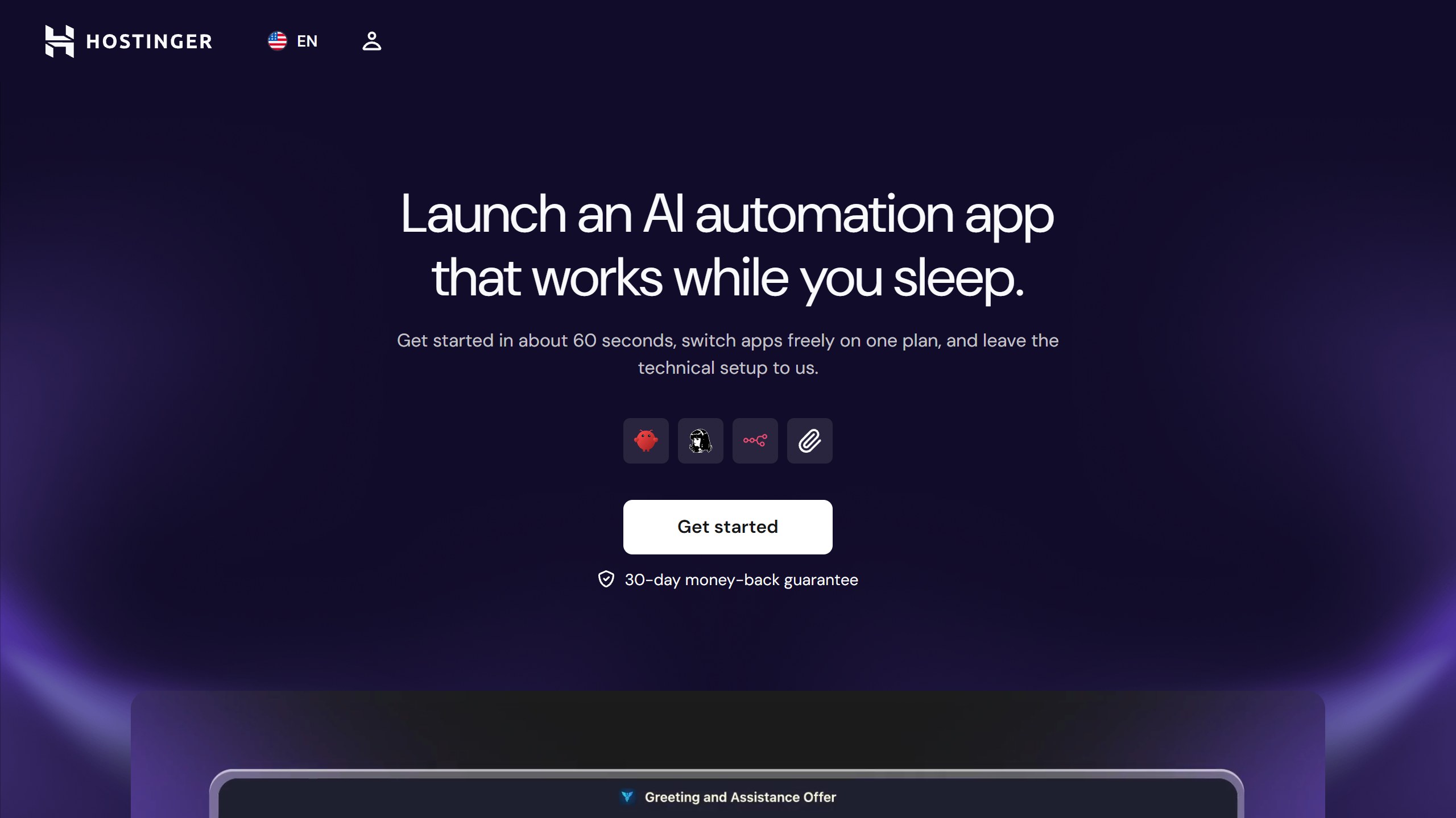 Hostinger AI automation apps page headline Launch an AI automation app that works while you sleep, with app icons including OpenClaw and Hermes and a 30-day money-back guarantee