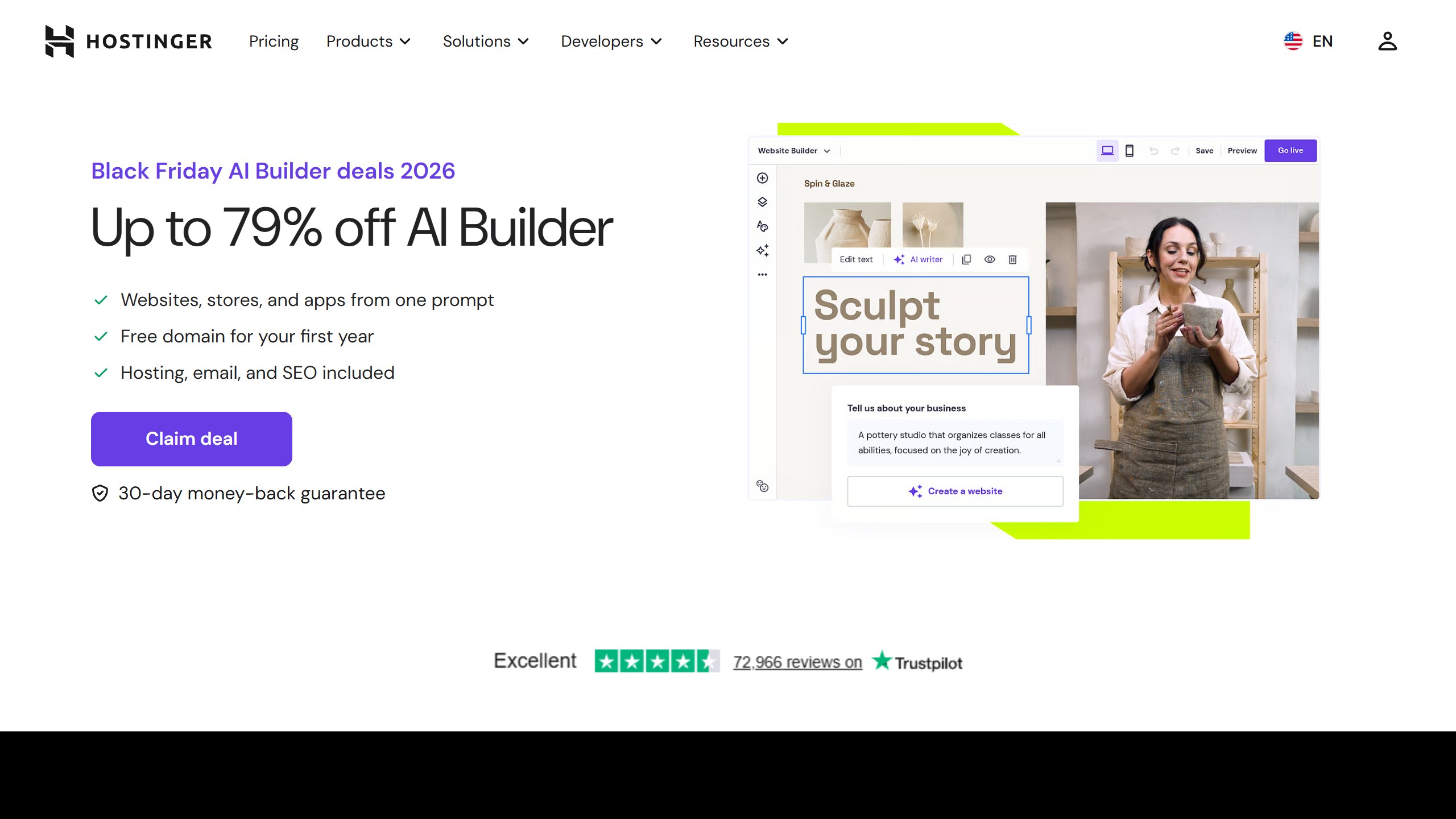 Hostinger Black Friday AI Builder deals 2026 page advertising up to 79% off AI Builder, a free domain for the first year and a 30-day money-back guarantee