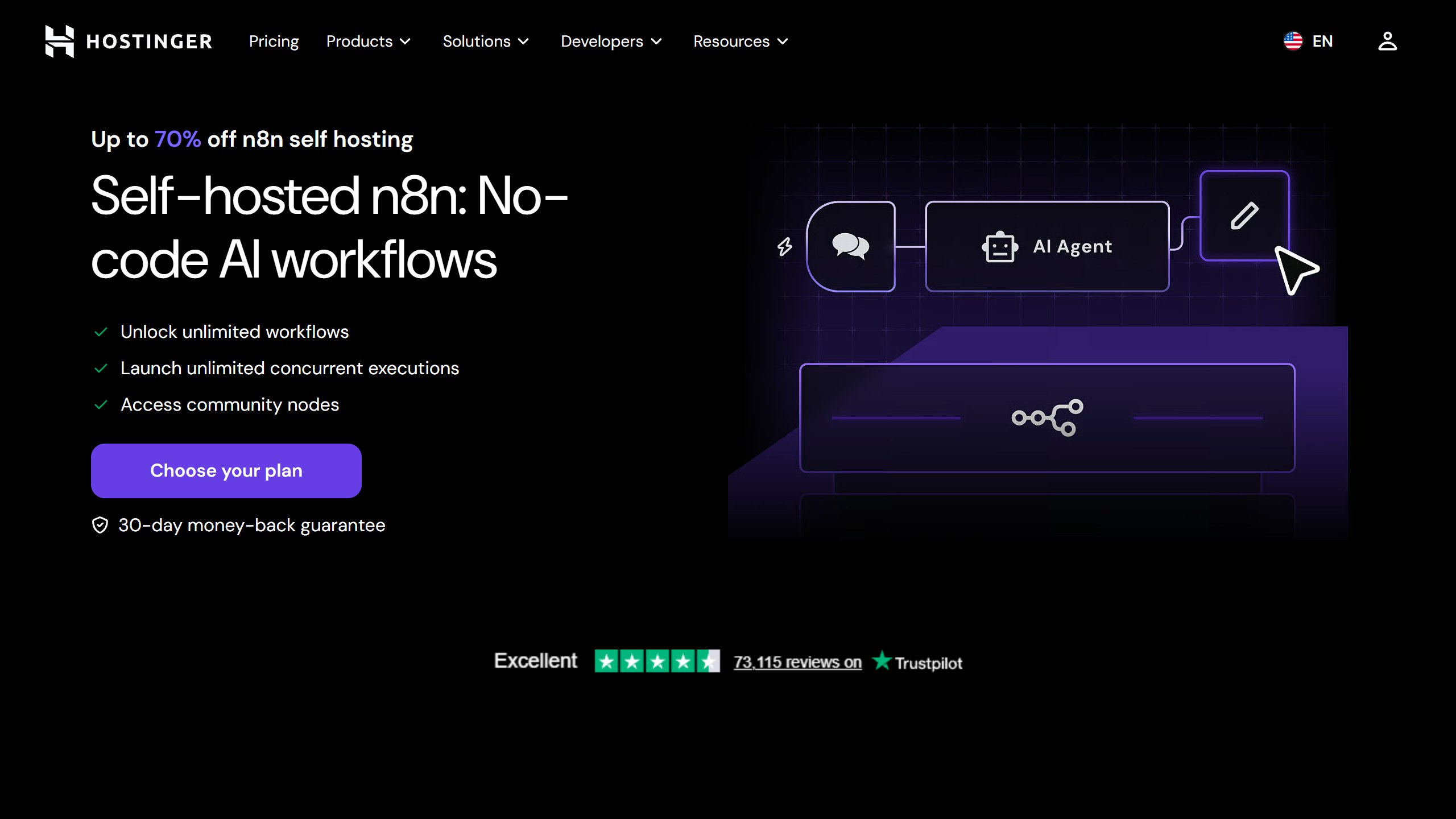 Hostinger self-hosted n8n page headline Self-hosted n8n: No-code AI workflows, advertising up to 70% off, unlimited workflows, unlimited concurrent executions and community nodes, with a 30-day money-back guarantee
