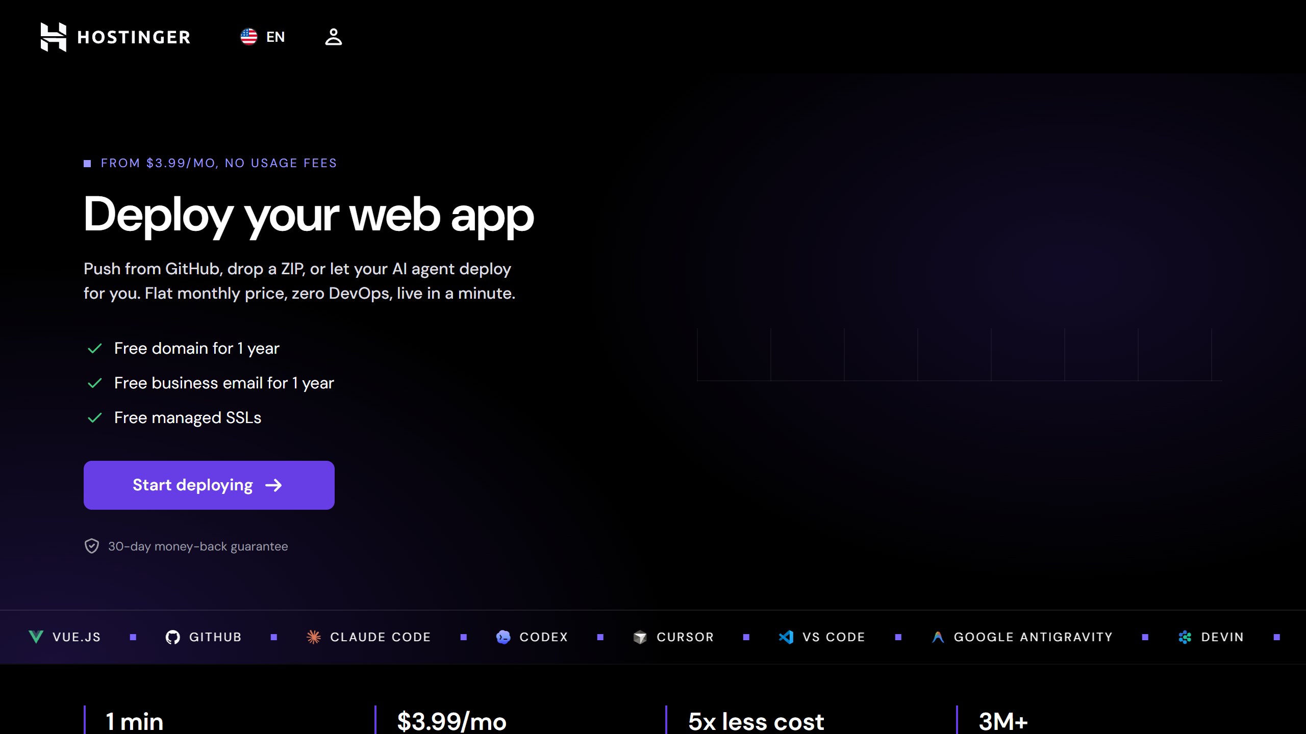 Hostinger Web Apps Hosting page headline Deploy your web app, from $3.99 a month with no usage fees, deploying from GitHub, a ZIP file or an AI agent, with a free domain and email for one year