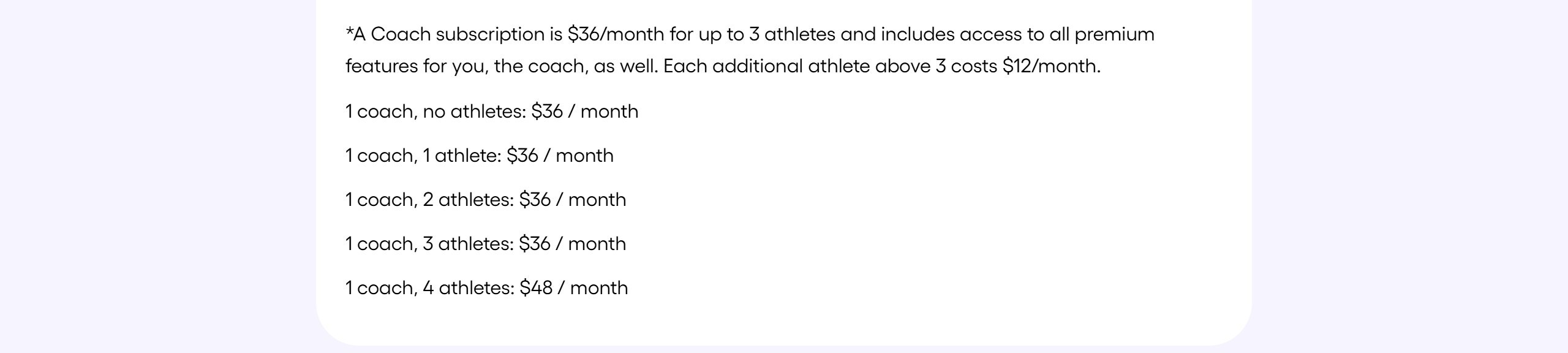 HumanGO For Coaches page saying a Coach subscription is 36 dollars a month for up to 3 athletes and each additional athlete costs 12 dollars a month, with 4 athletes at 48 dollars a month