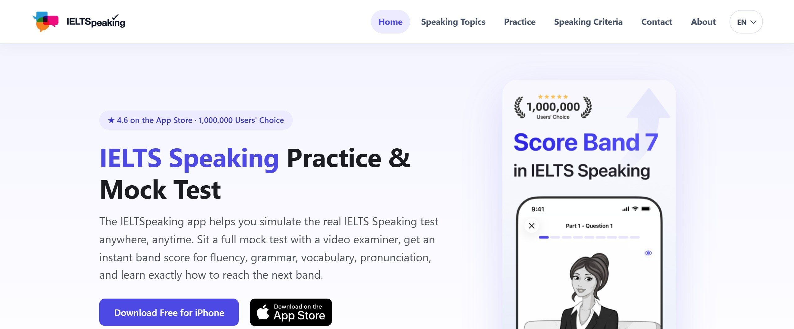IELTSpeaking homepage headline IELTS Speaking Practice and Mock Test, describing full mock tests with a video examiner and instant band scores, beside a phone showing a Part 1 question