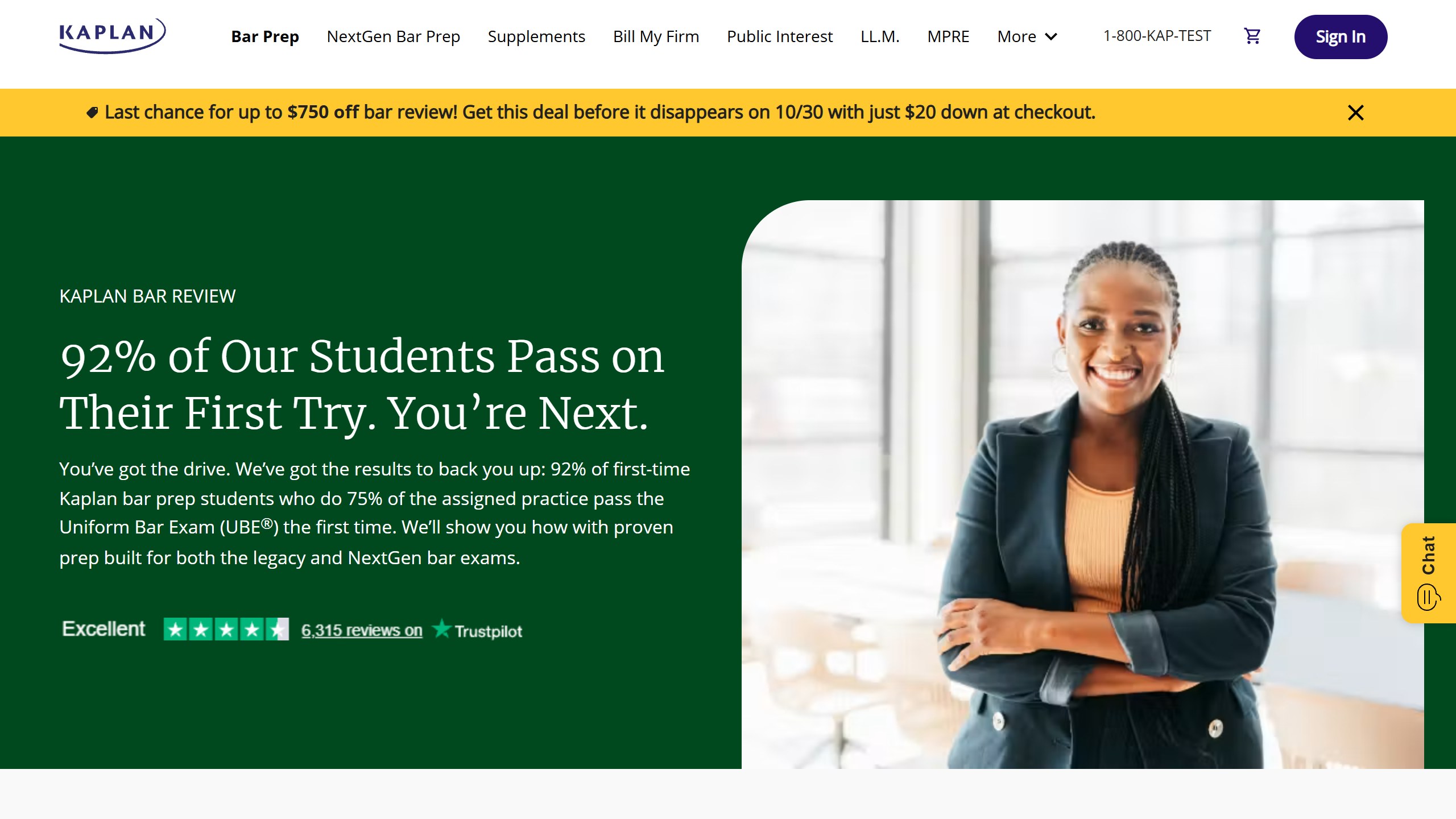Kaplan Bar Review page headline 92% of Our Students Pass on Their First Try, with the smaller line saying the figure is for first-time students who do 75% of the assigned practice, under a banner offering up to 750 dollars off until 10/30