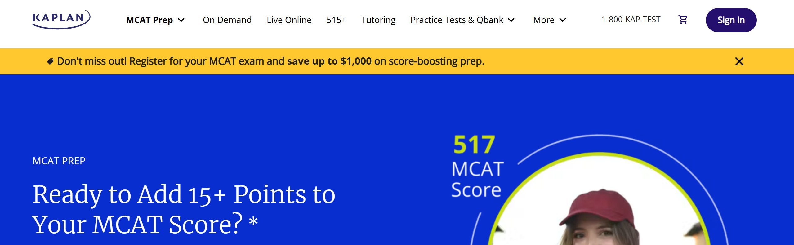 Kaplan MCAT Prep page headline Ready to Add 15+ Points to Your MCAT Score, with an asterisk, and a banner offering savings on prep