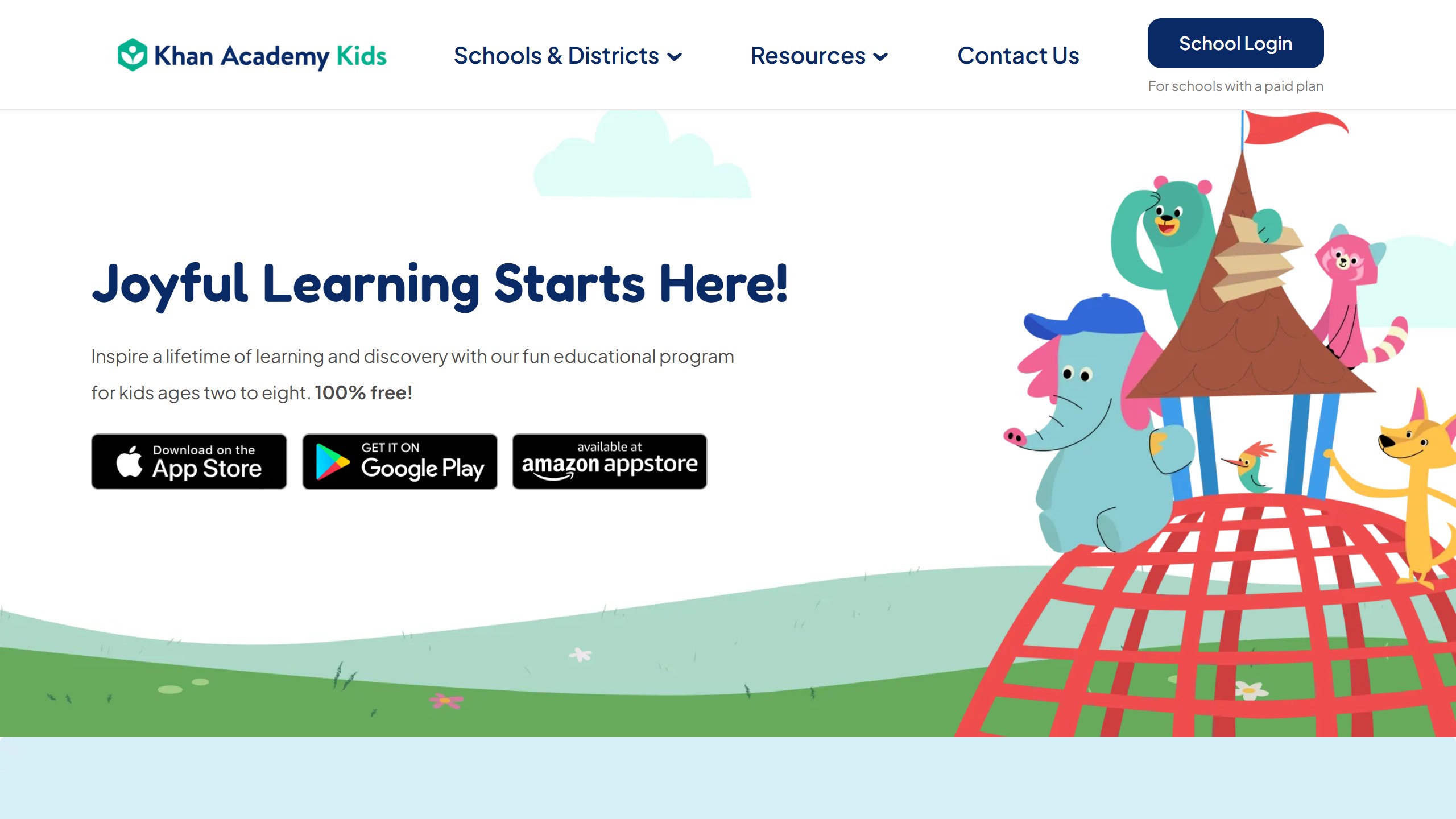 Khan Academy Kids homepage headline Joyful Learning Starts Here, describing a program for kids ages two to eight that is 100% free, with App Store, Google Play and Amazon buttons