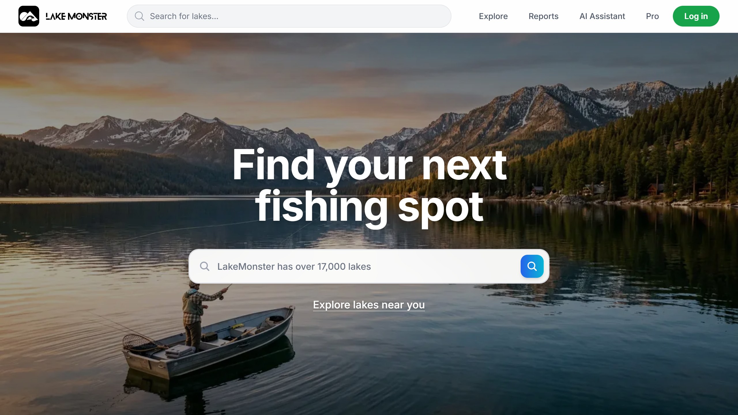 LakeMonster homepage headline Find your next fishing spot, with a lake search box and an AI Assistant link in the menu