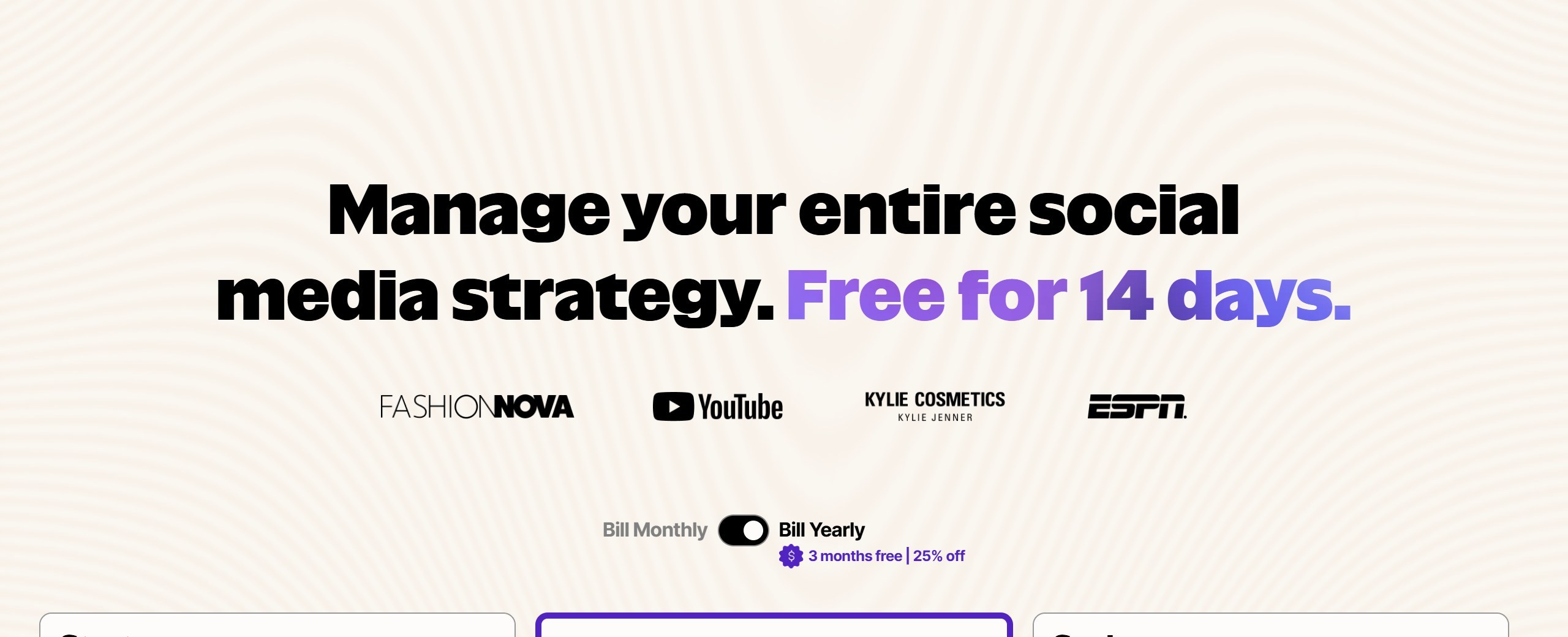 Later pricing page headline Free for 14 days, with the yearly billing toggle selected and the offer 3 months free, 25% off