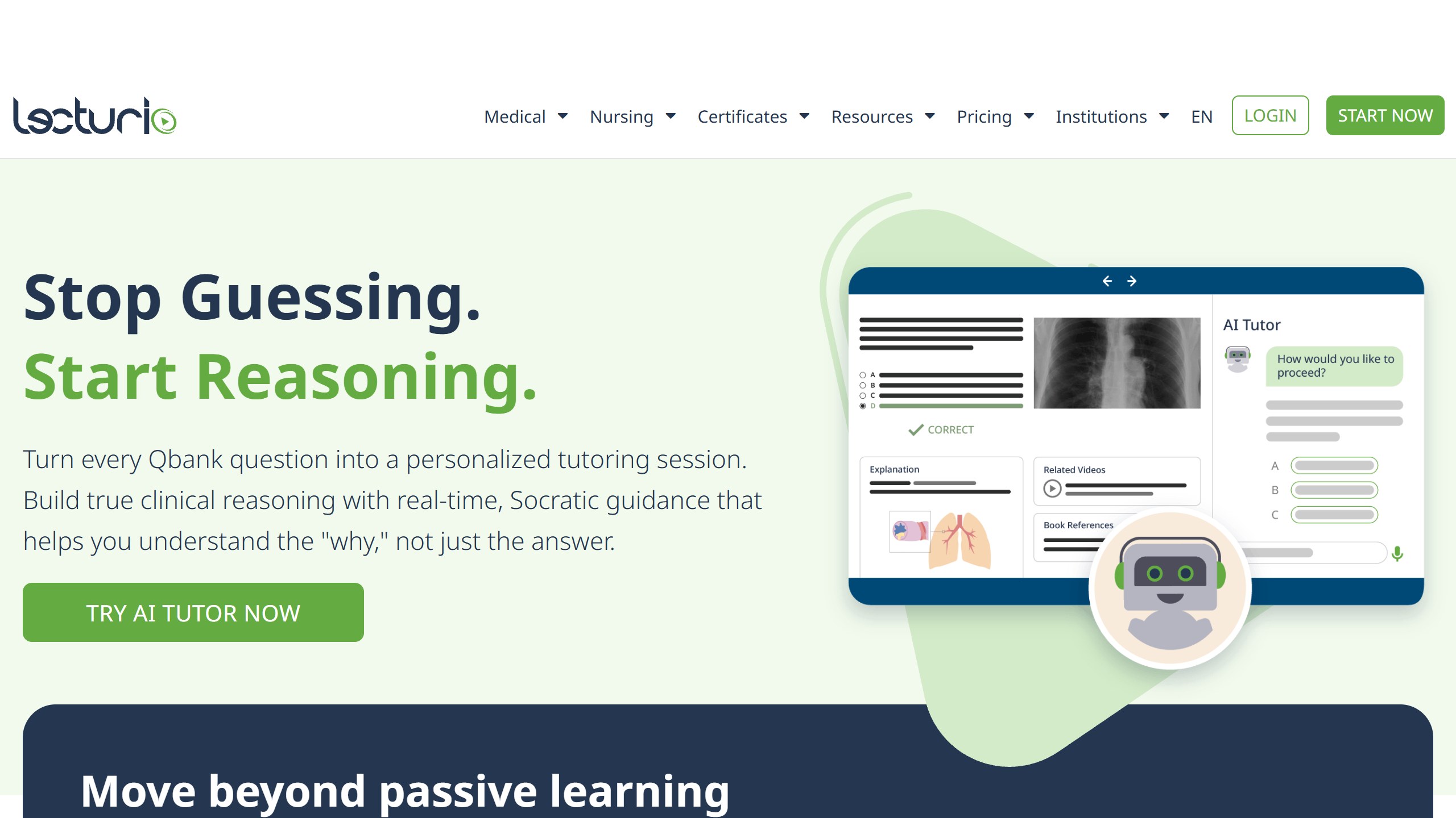 Lecturio AI Tutor page headline Stop Guessing. Start Reasoning, describing Socratic guidance on every Qbank question, beside a mock up of a question with an AI Tutor chat panel