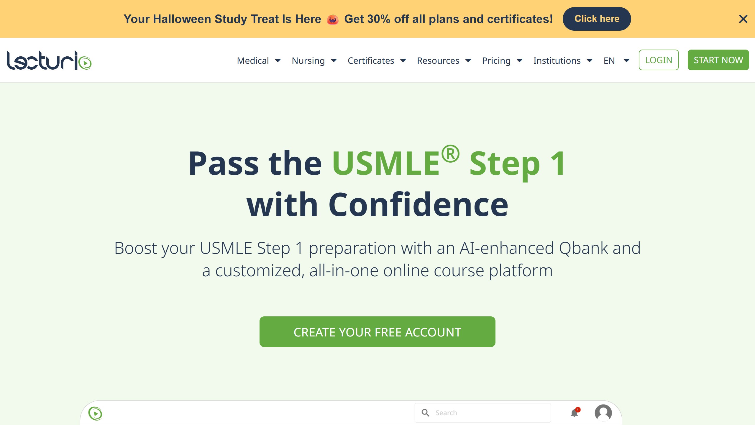 Lecturio USMLE Step 1 page headline Pass the USMLE Step 1 with Confidence, mentioning an AI-enhanced Qbank, under a Halloween banner offering 30% off plans