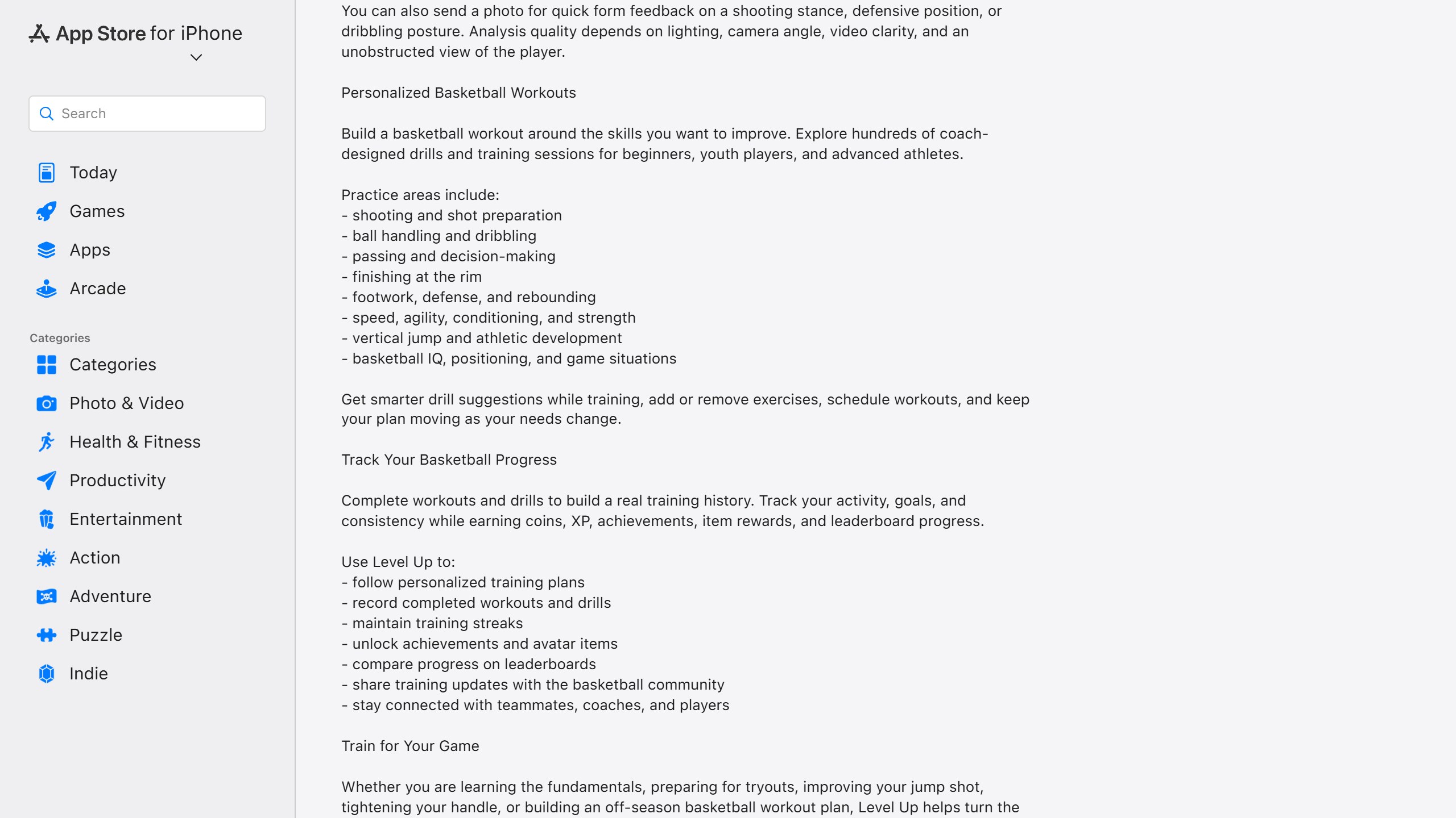Level Up AI Basketball Coach US App Store description listing personalized workouts, practice areas from shooting to footwork, and progress tracking